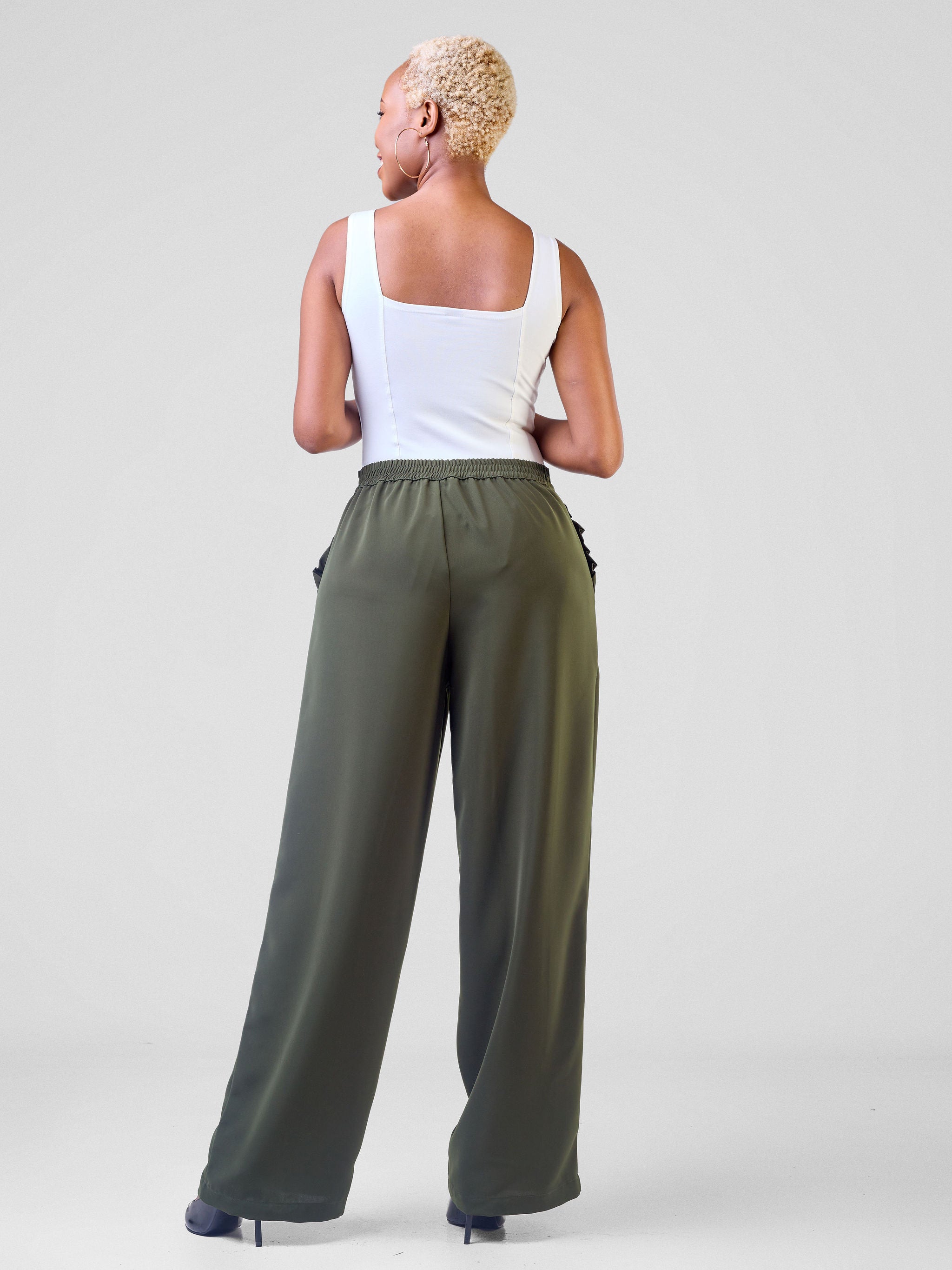 Vivo Sani Ruffle Pocket Straight Leg Pants - Hunters Green