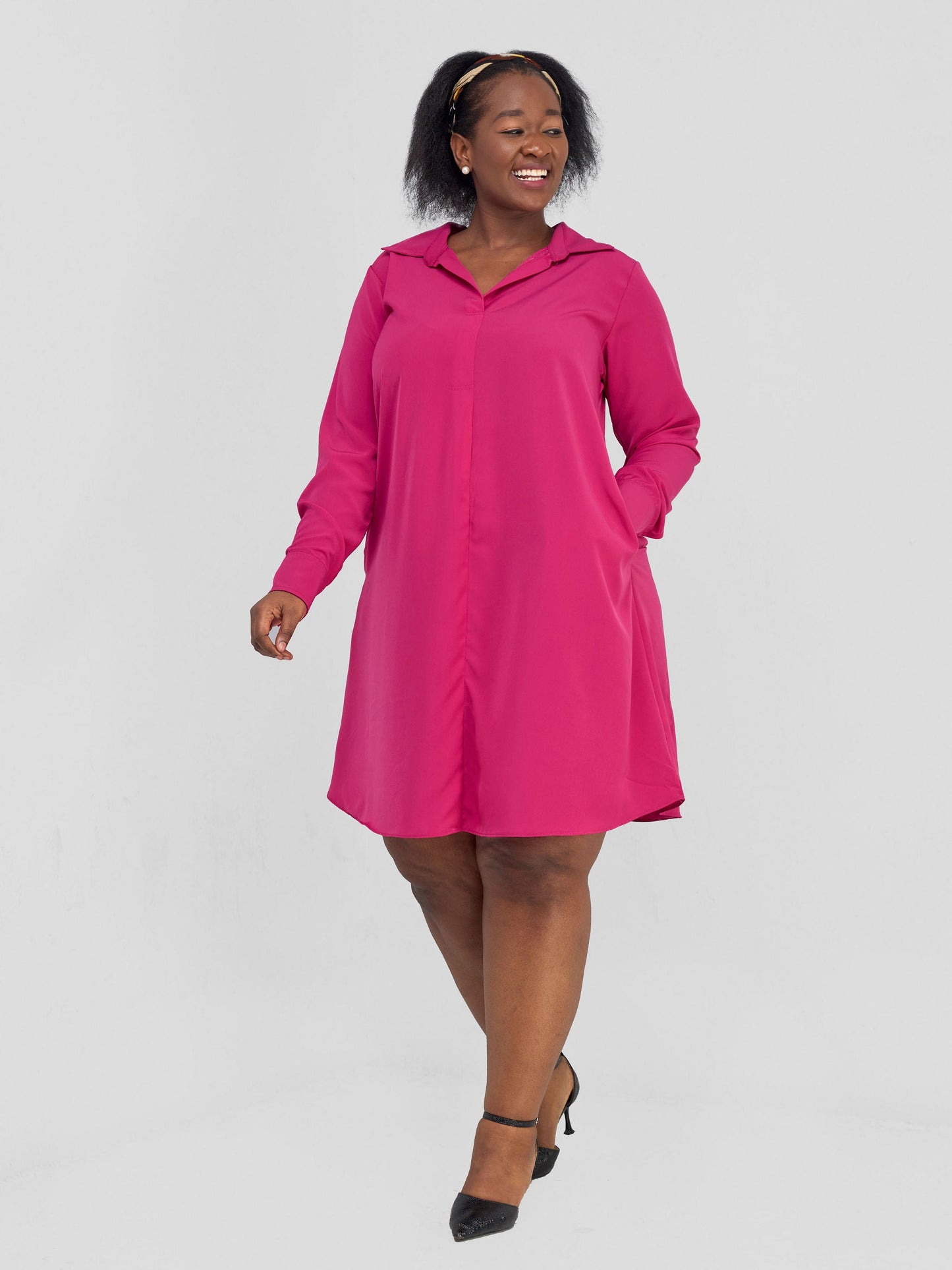 Vivo Yumi Long Sleeve Tent Shirt Dress - Hot Pink