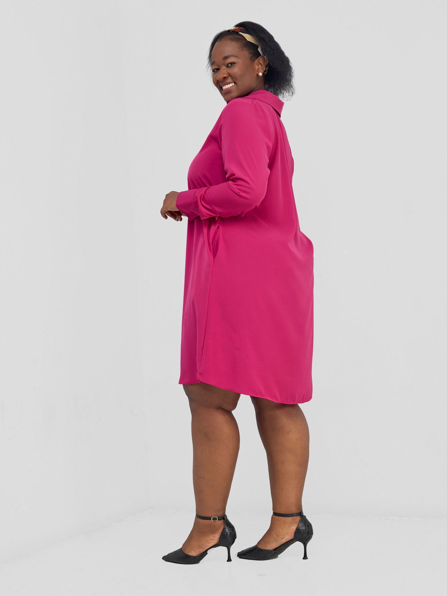 Vivo Yumi Long Sleeve Tent Shirt Dress - Hot Pink