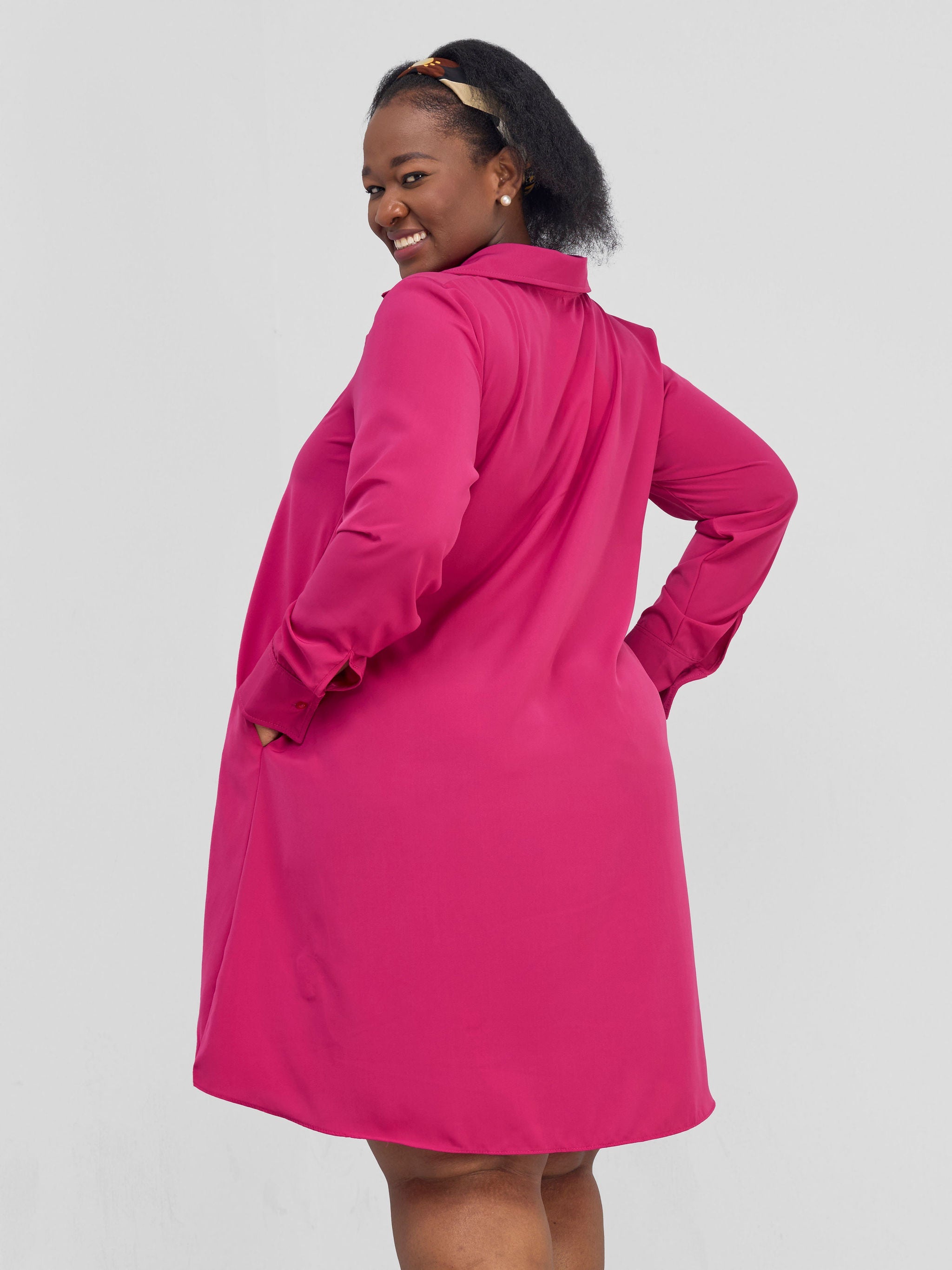 Vivo Yumi Long Sleeve Tent Shirt Dress - Hot Pink