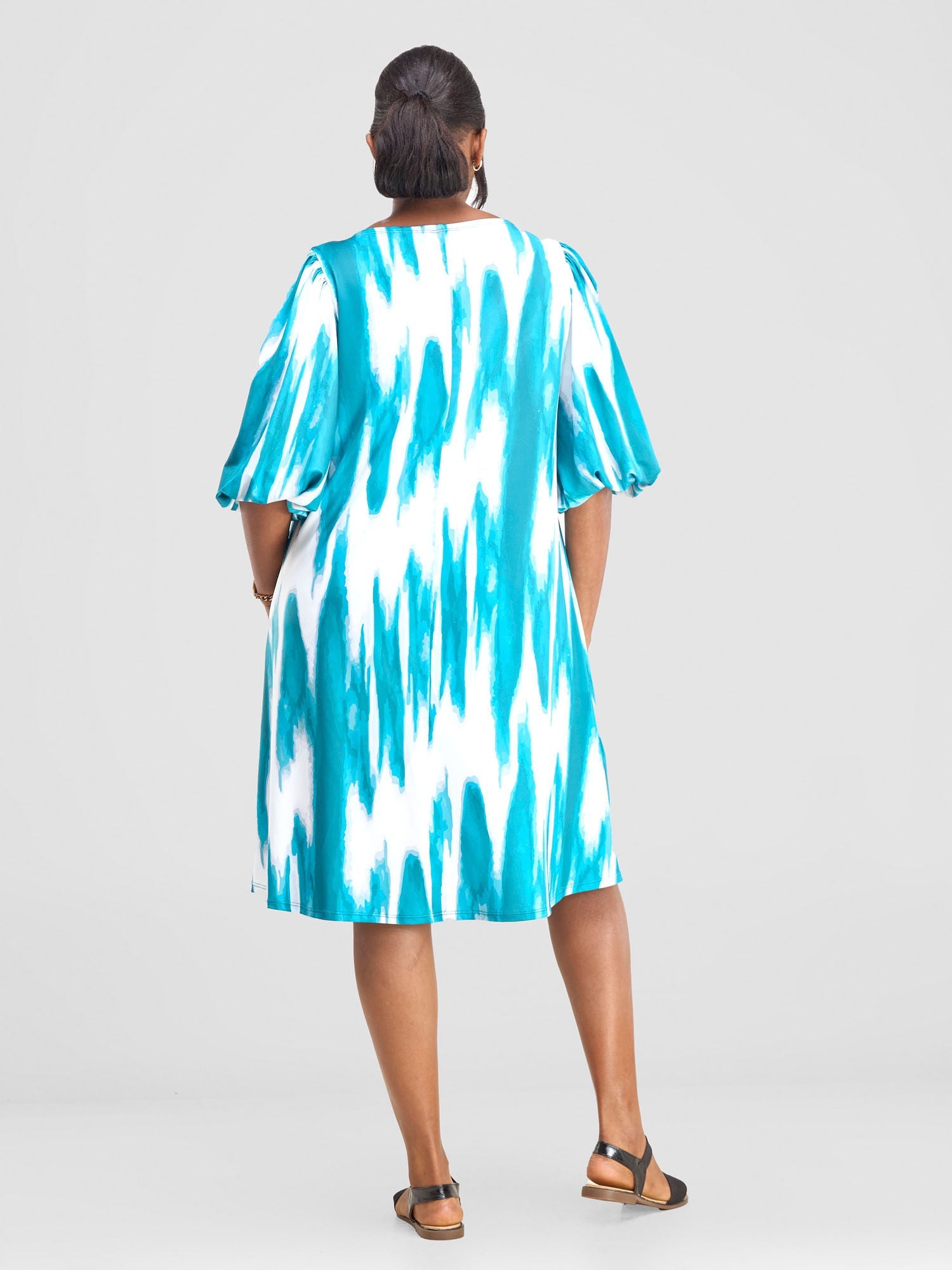 Vivo Nkasi Bubble Sleeve Knee Length Dress - White / Teal Shibori Print