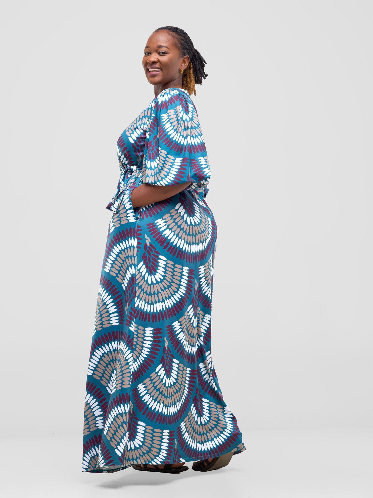 Vivo Nkasi Bubble Sleeve Maxi Dress - Teal / Burgundy Kasi Print