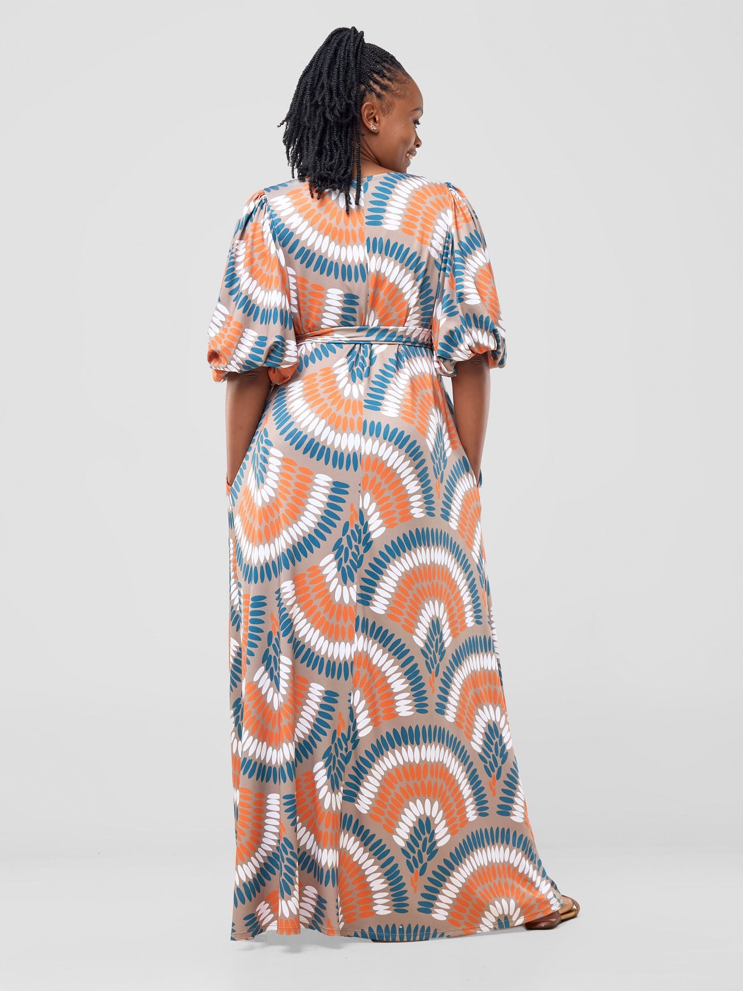 Vivo Nkasi Bubble Sleeve Maxi Dress - Taupe / Orange Nkasi Print