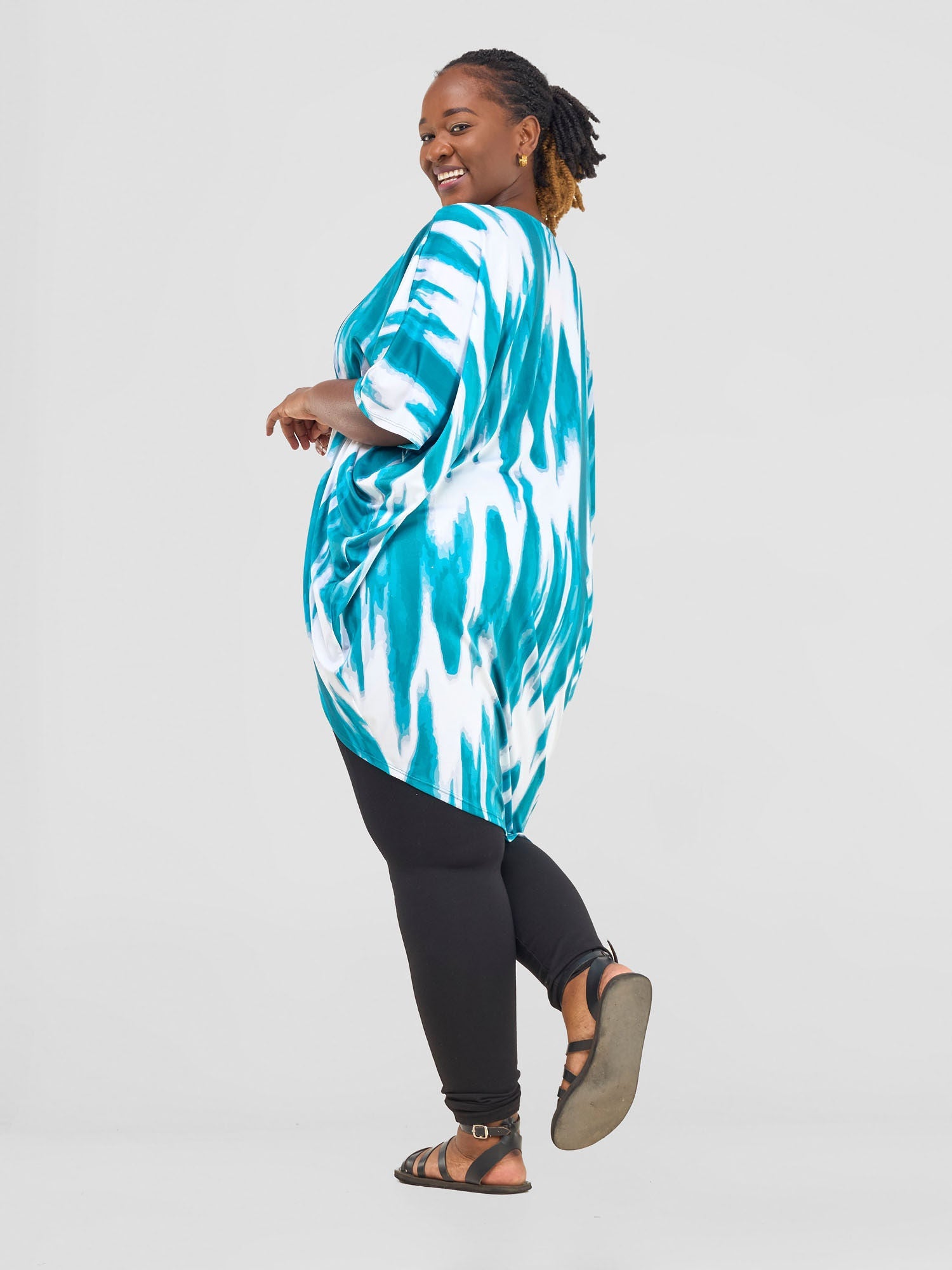 Vivo Nkasi Asymmetrical Criss Cross Top - White / Teal Shibori Print