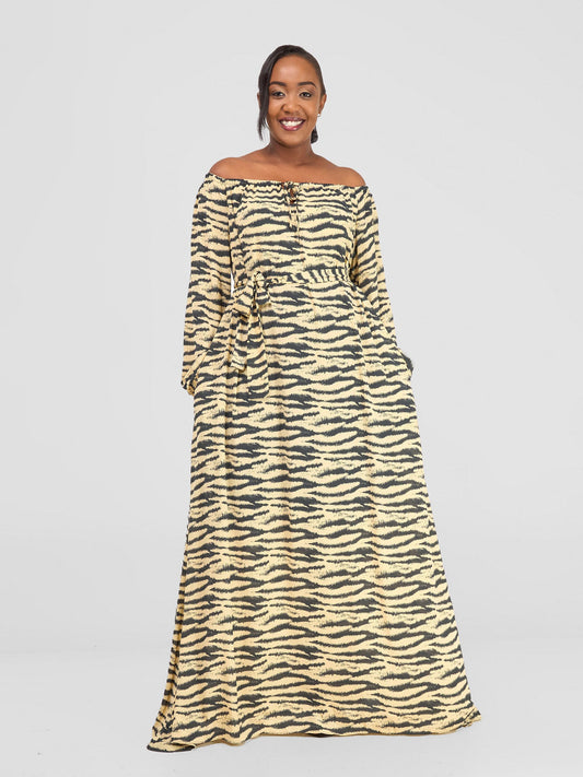 Vivo Zahari Off-Shoulder Maxi Dress - Yellow / Black Print