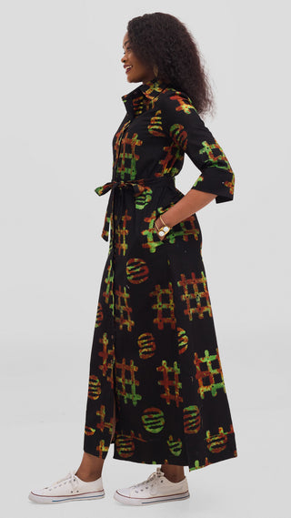 Safari by Vivo Zehra 3/4 Sleeve Kitenge Maxi Dress - Black / Olive Vema Print