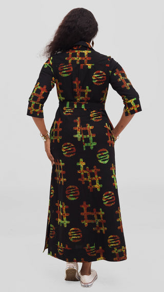 Safari by Vivo Zehra 3/4 Sleeve Kitenge Maxi Dress - Black / Olive Vema Print