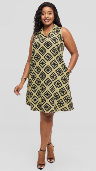 Vivo Asha Sleeveless Knee Length Dress In Crepe - Olive Green / Black Tori Print