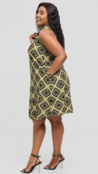 Vivo Asha Sleeveless Knee Length Dress In Crepe - Olive Green / Black Tori Print