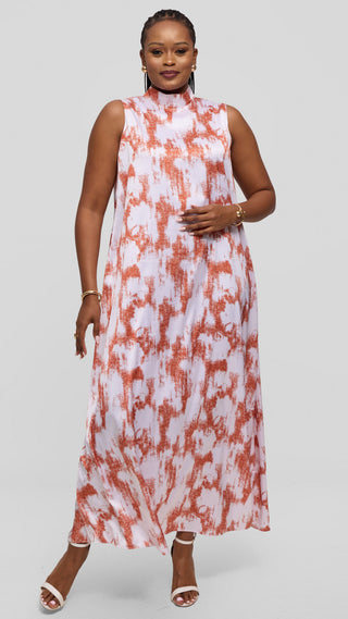 Vivo Thando Mock Neck Maxi Dress in Satin - Rust / White Abstract Print