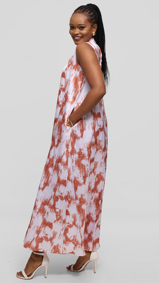 Vivo Thando Mock Neck Maxi Dress in Satin - Rust / White Abstract Print