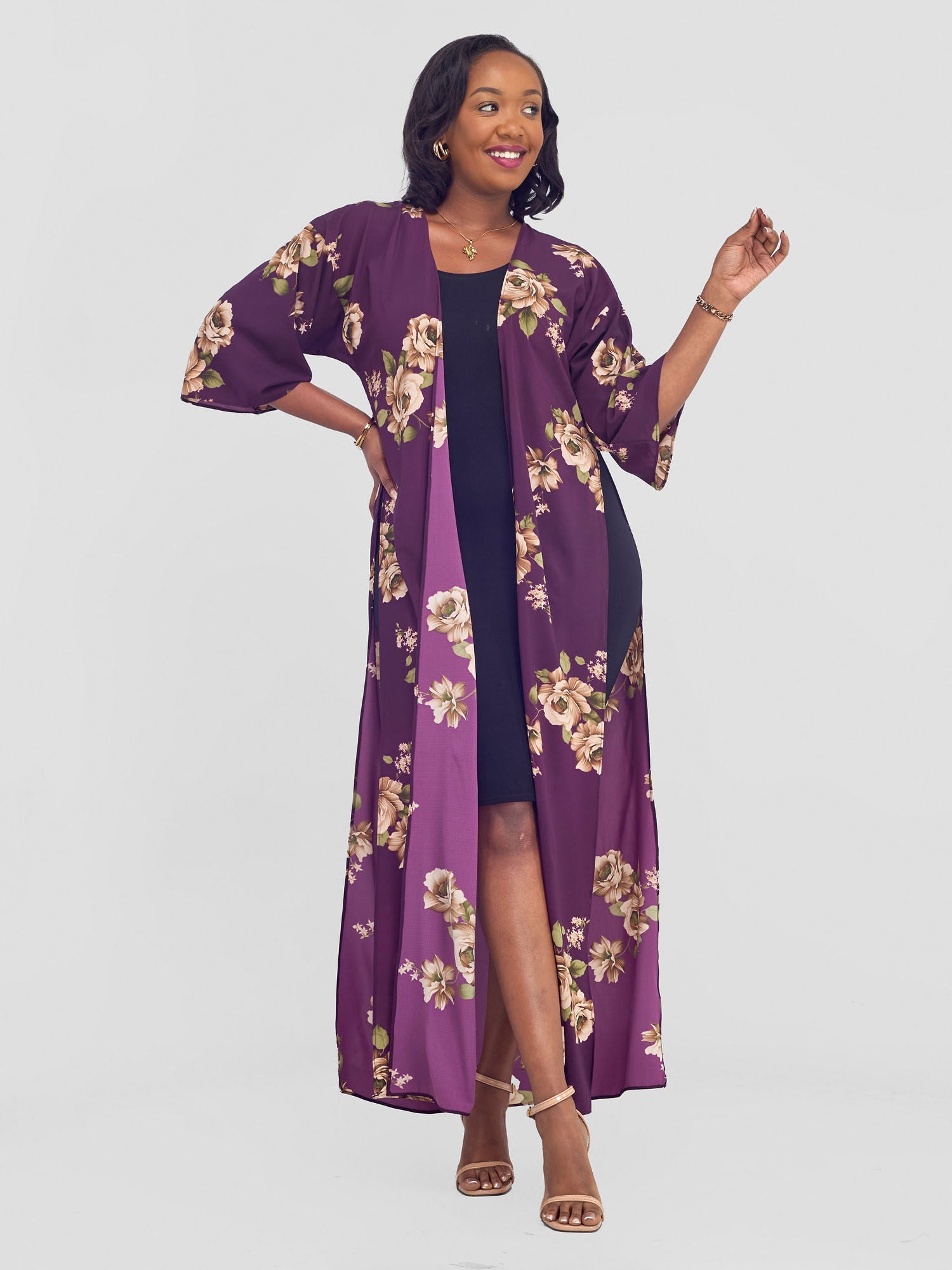 Vivo Maisha High Slit Kimono - Burgundy Nyua Print