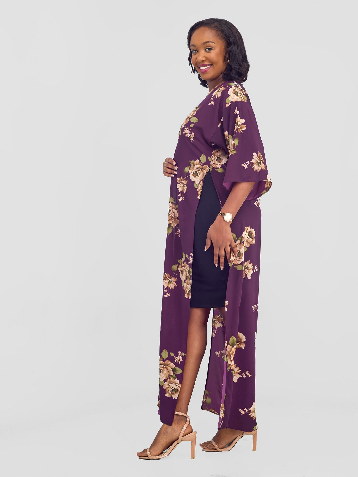 Vivo Maisha High Slit Kimono - Burgundy Nyua Print