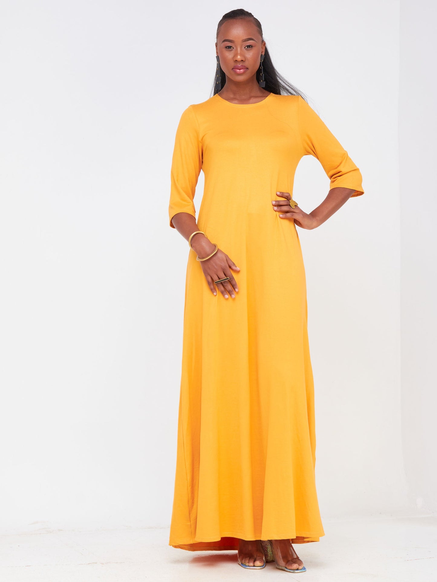 Vivo Basic Julia 3/4 Sleeve Back Pleat Maxi Dress - Mustard