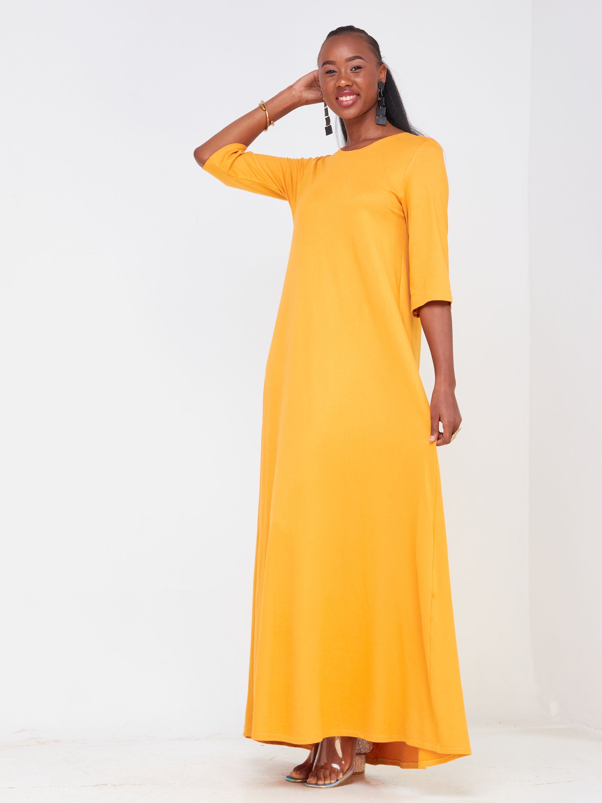 Vivo Basic Julia 3/4 Sleeve Back Pleat Maxi Dress - Mustard