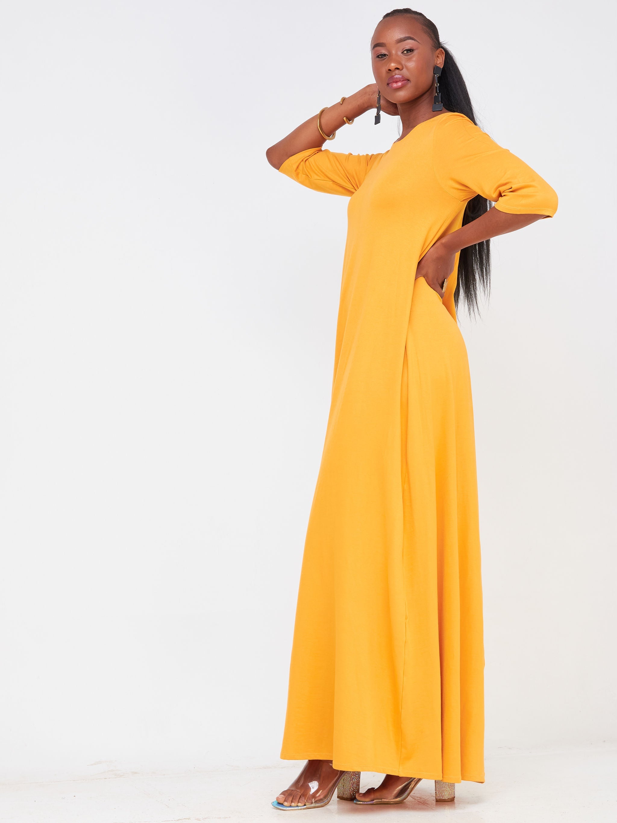 Vivo Basic Julia 3/4 Sleeve Back Pleat Maxi Dress - Mustard