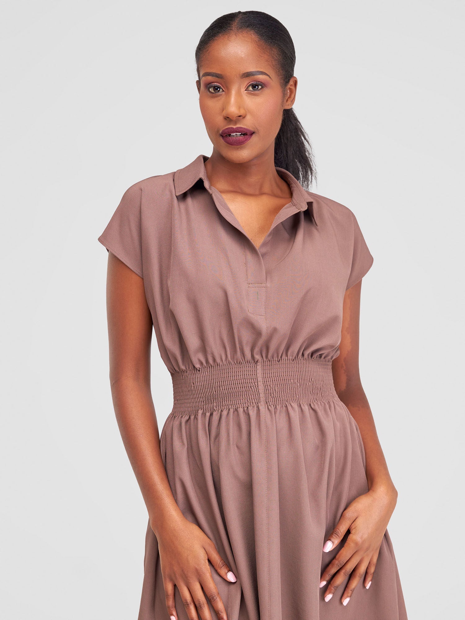 Vivo Zena Shirred Waist Shirt Dress - Taupe