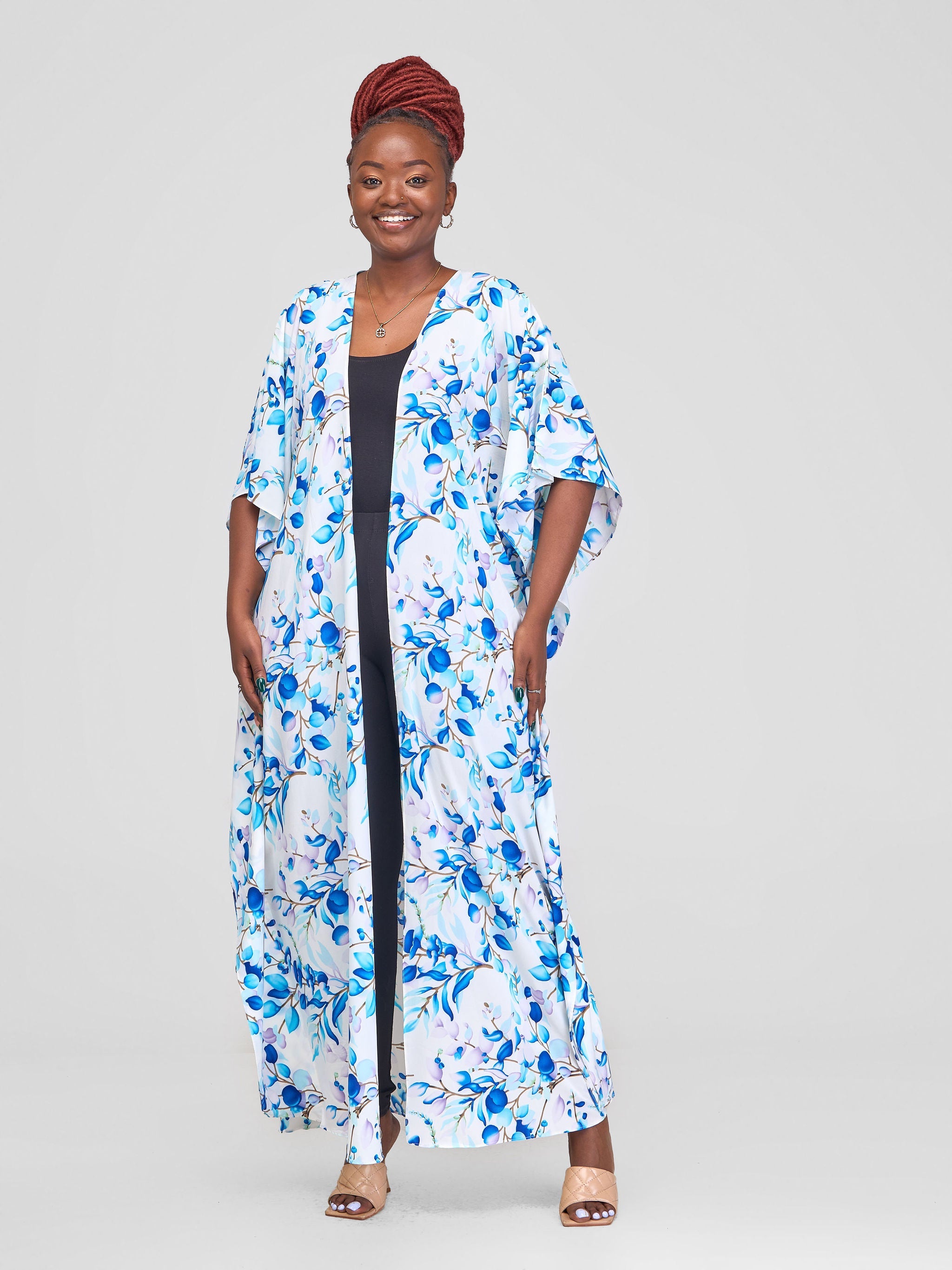 Vivo Maisha Maxi Kimono Cover Up - Blue / White Floral Print