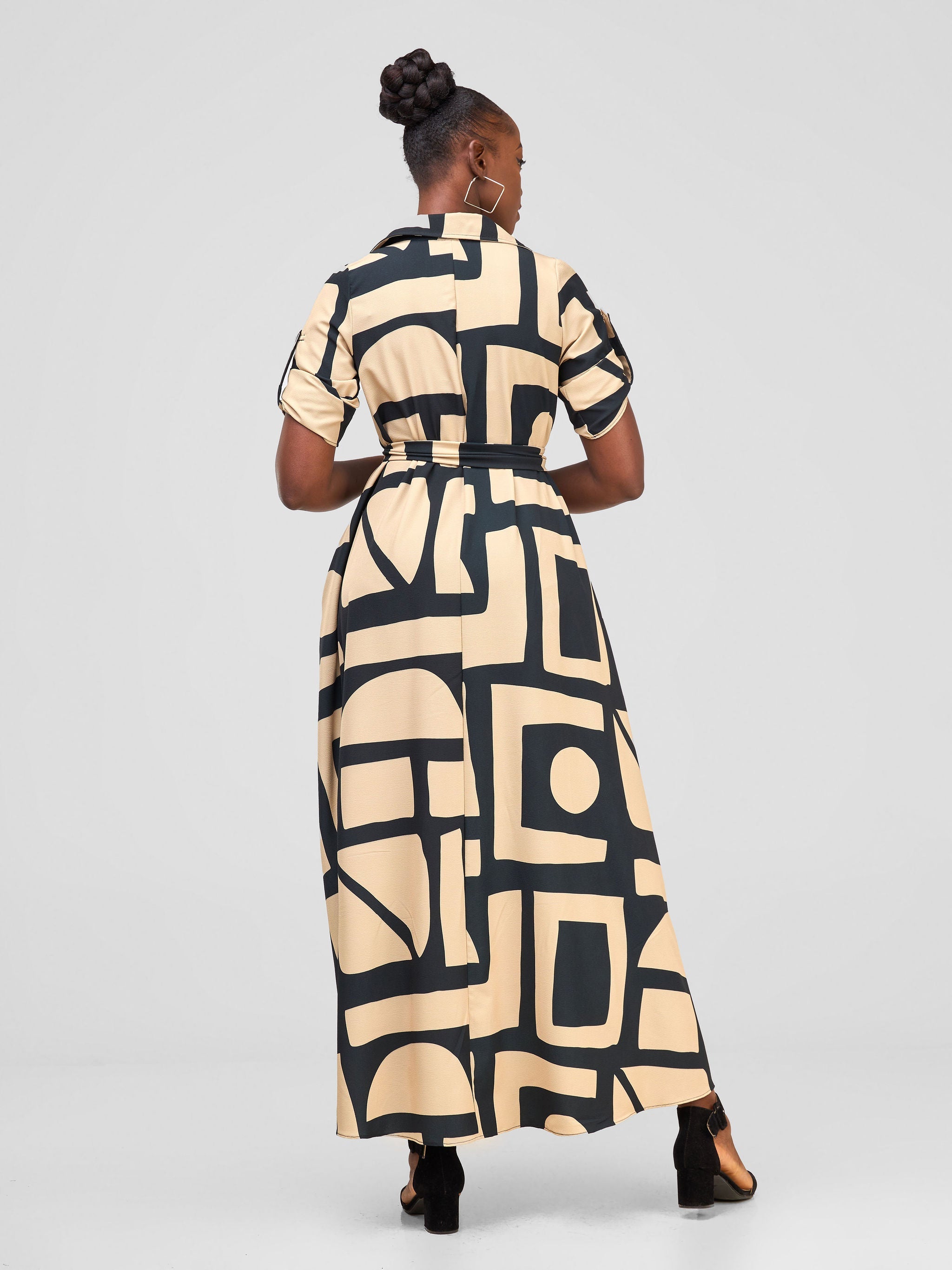 Vivo Yumi Maxi Shirt Dress - Black/Beige Meza Print