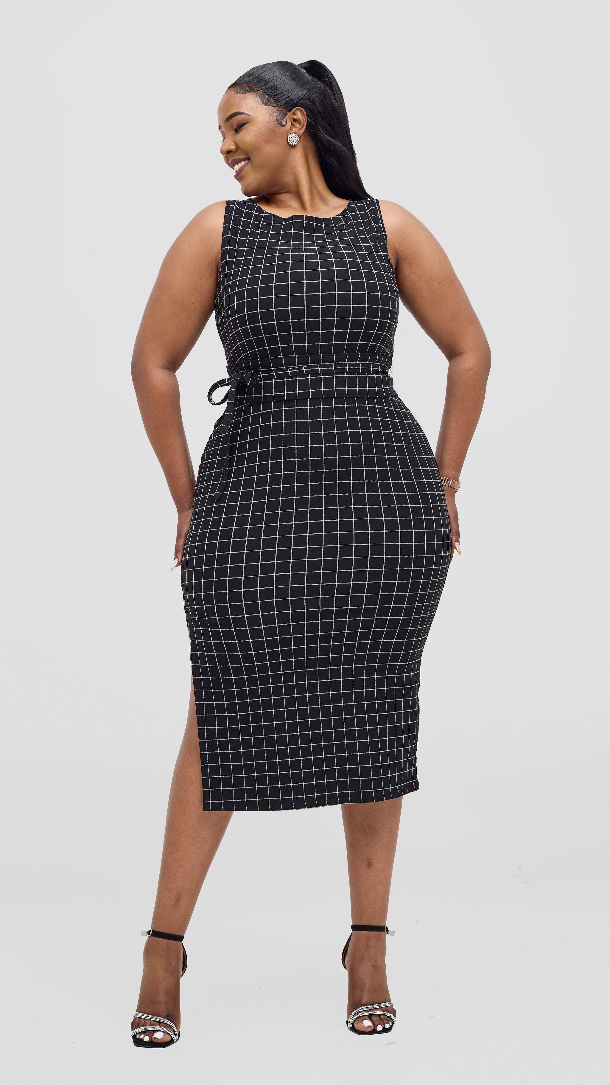 Vivo Alani Boat Neck Midi Dress - Black Checkered Print