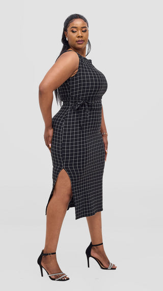 Vivo Alani Boat Neck Midi Dress - Black Checkered Print