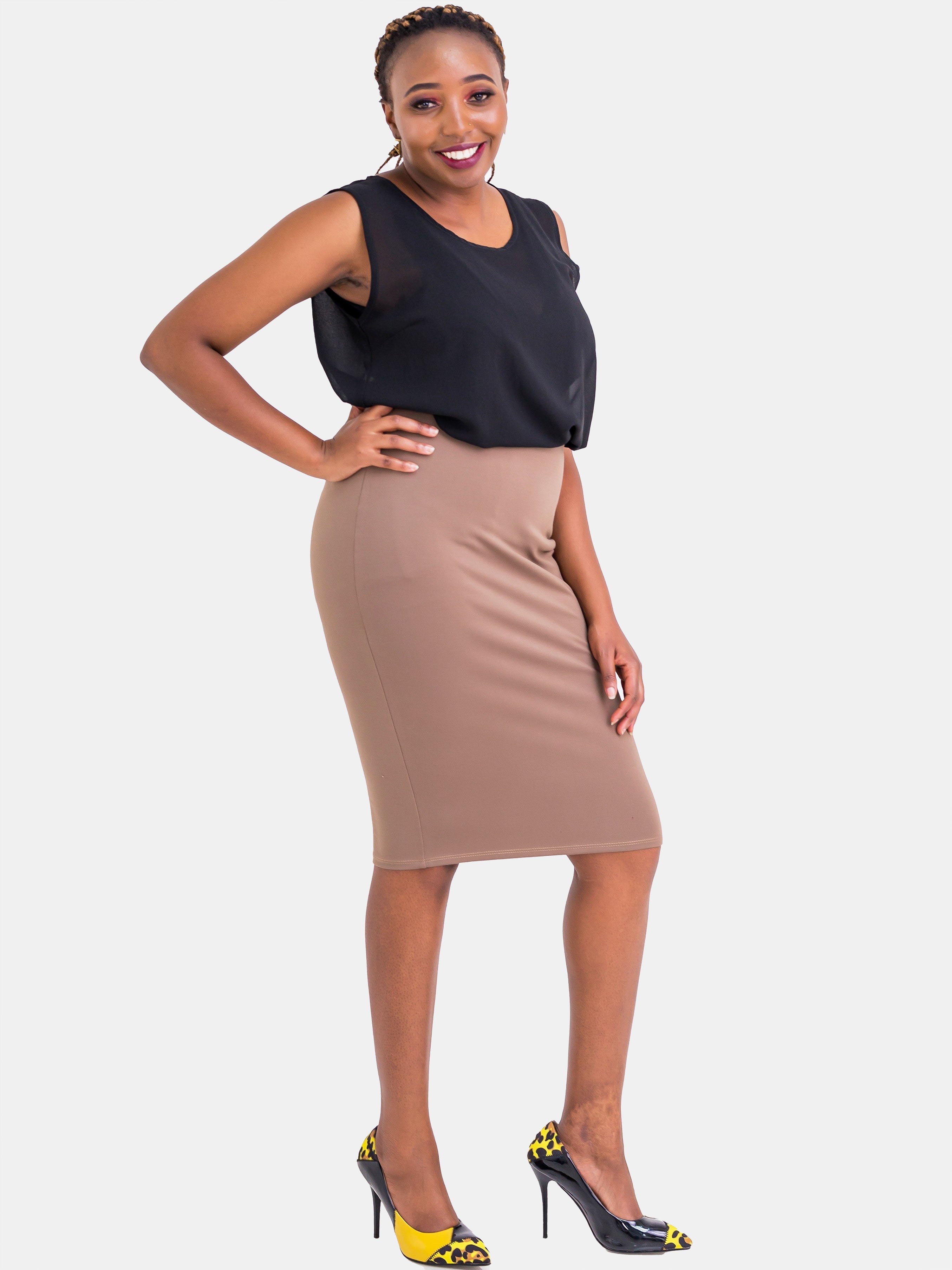 Vivo Basic Pencil Skirt - Taupe Brown - Shop Zetu