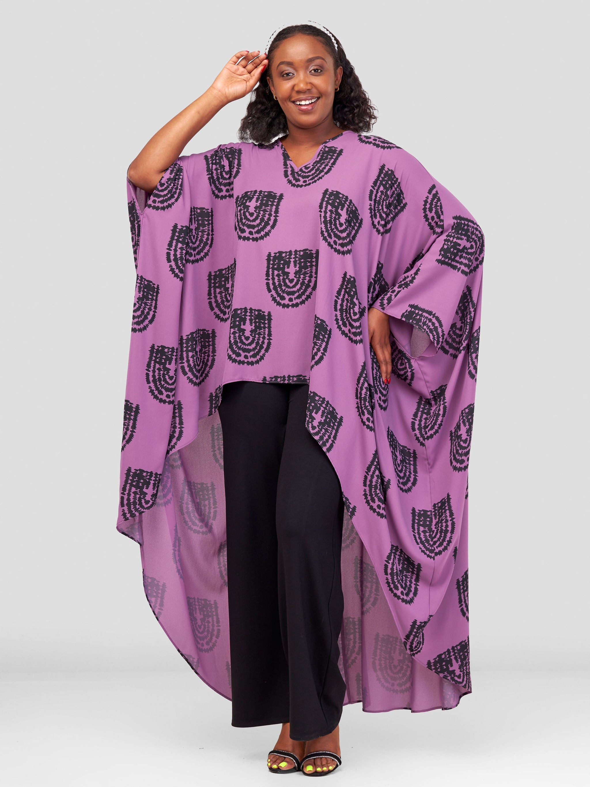 Vivo Malindi V-Neck High Low Kaftan Top - Purple / Black Print