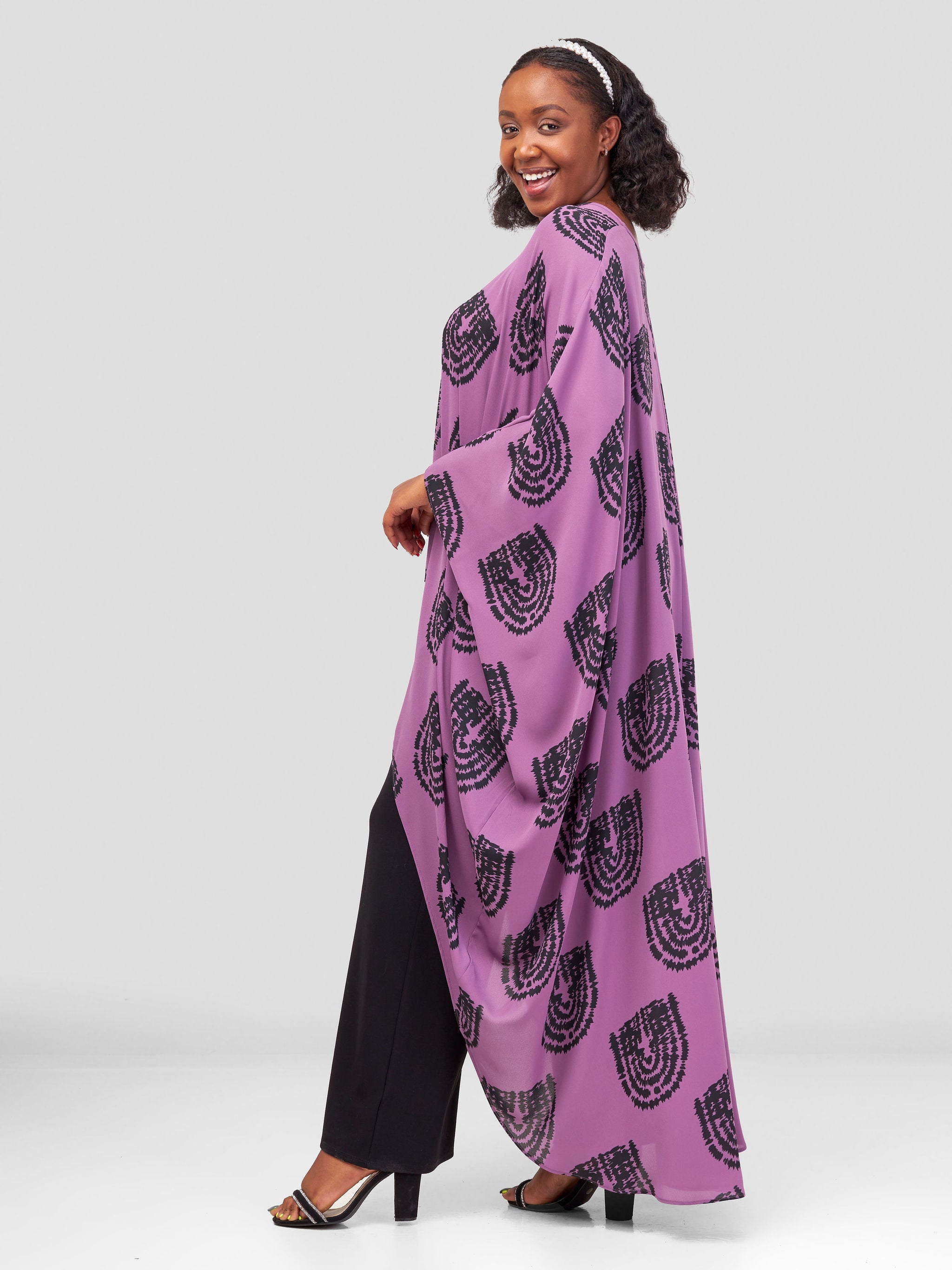 Vivo Malindi V-Neck High Low Kaftan Top - Purple / Black Print