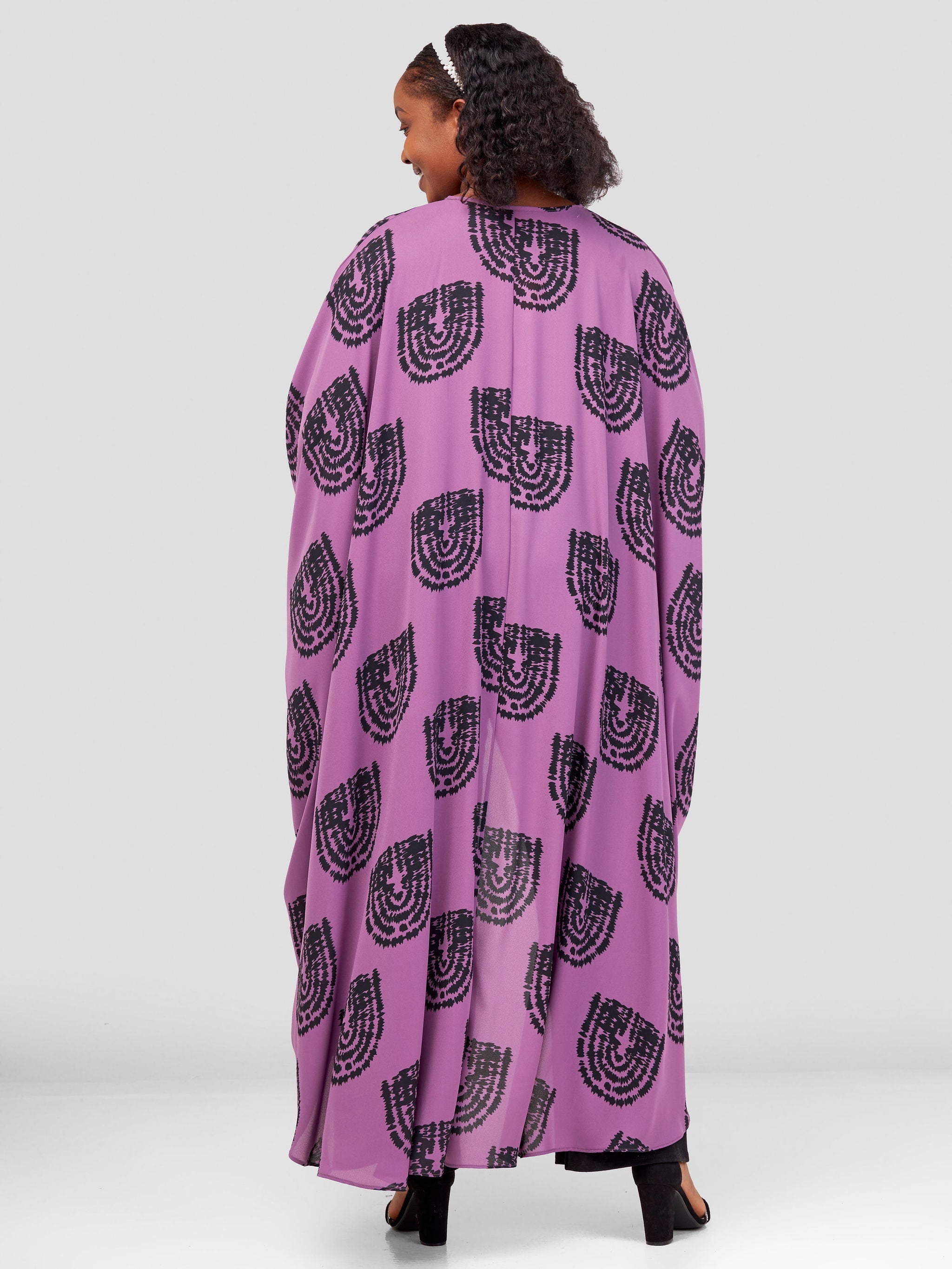 Vivo Malindi V-Neck High Low Kaftan Top - Purple / Black Print