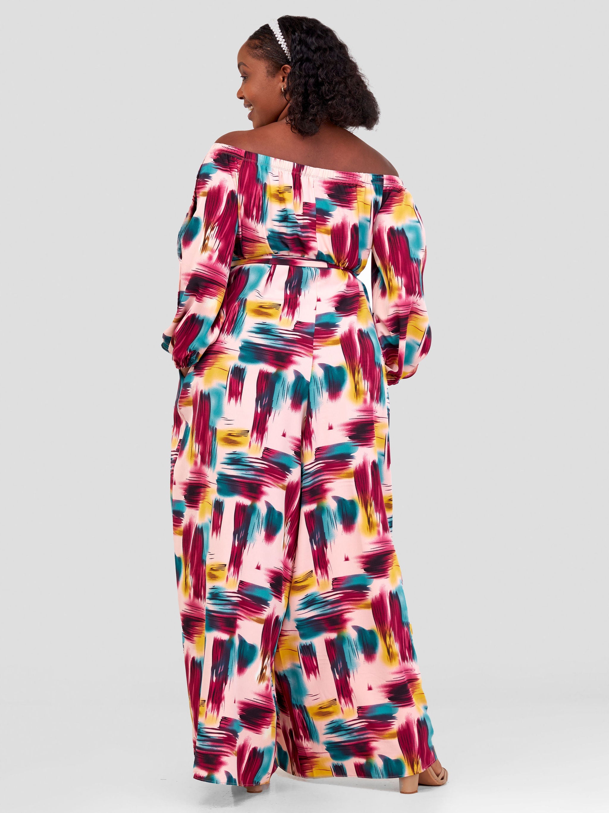 Vivo Maisha Off Shoulder Jumpsuit - Maroon / Pink Abstract Print