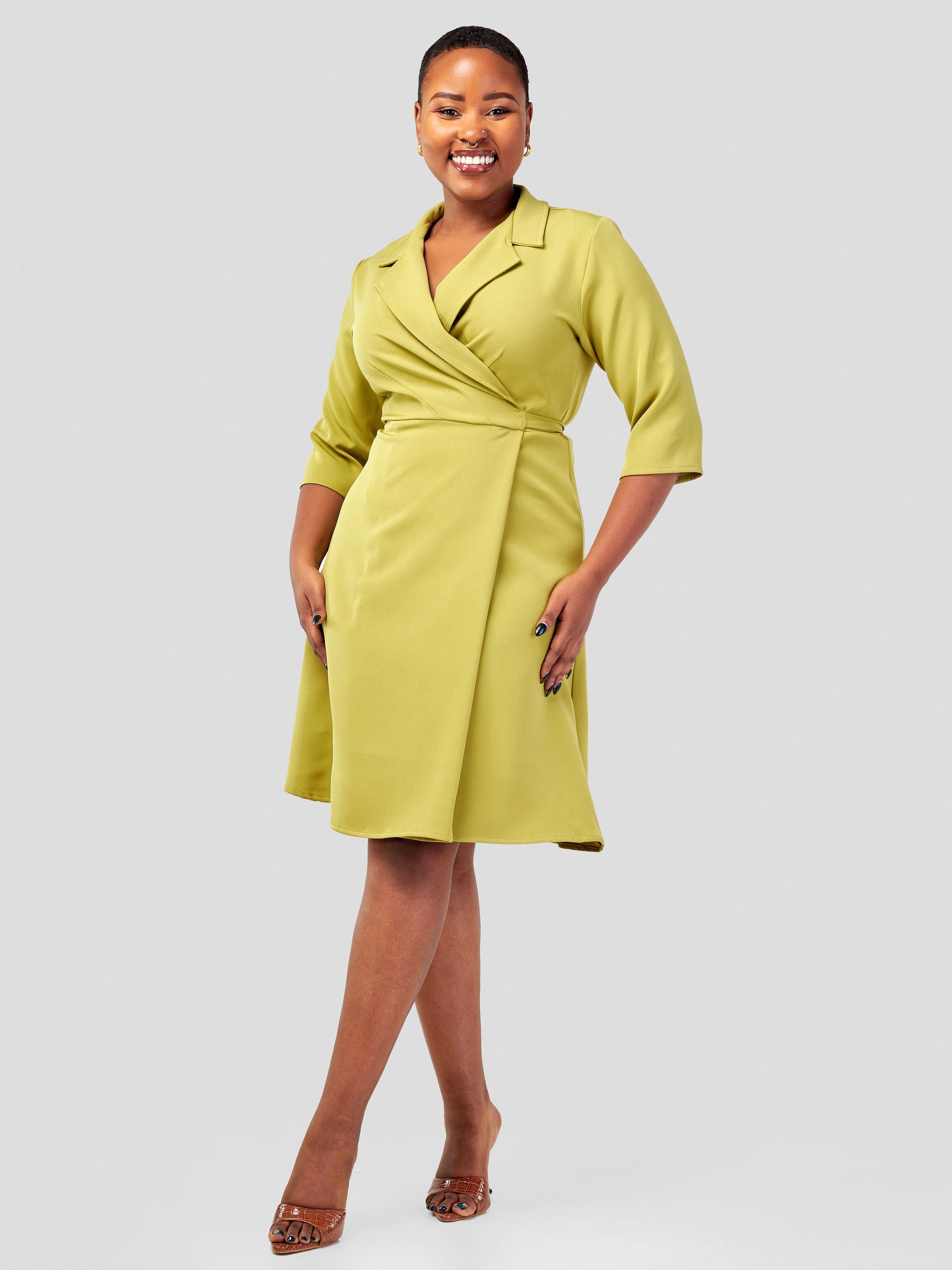 Vivo Taji 3/4 Sleeve Wrap Dress - Olive Green