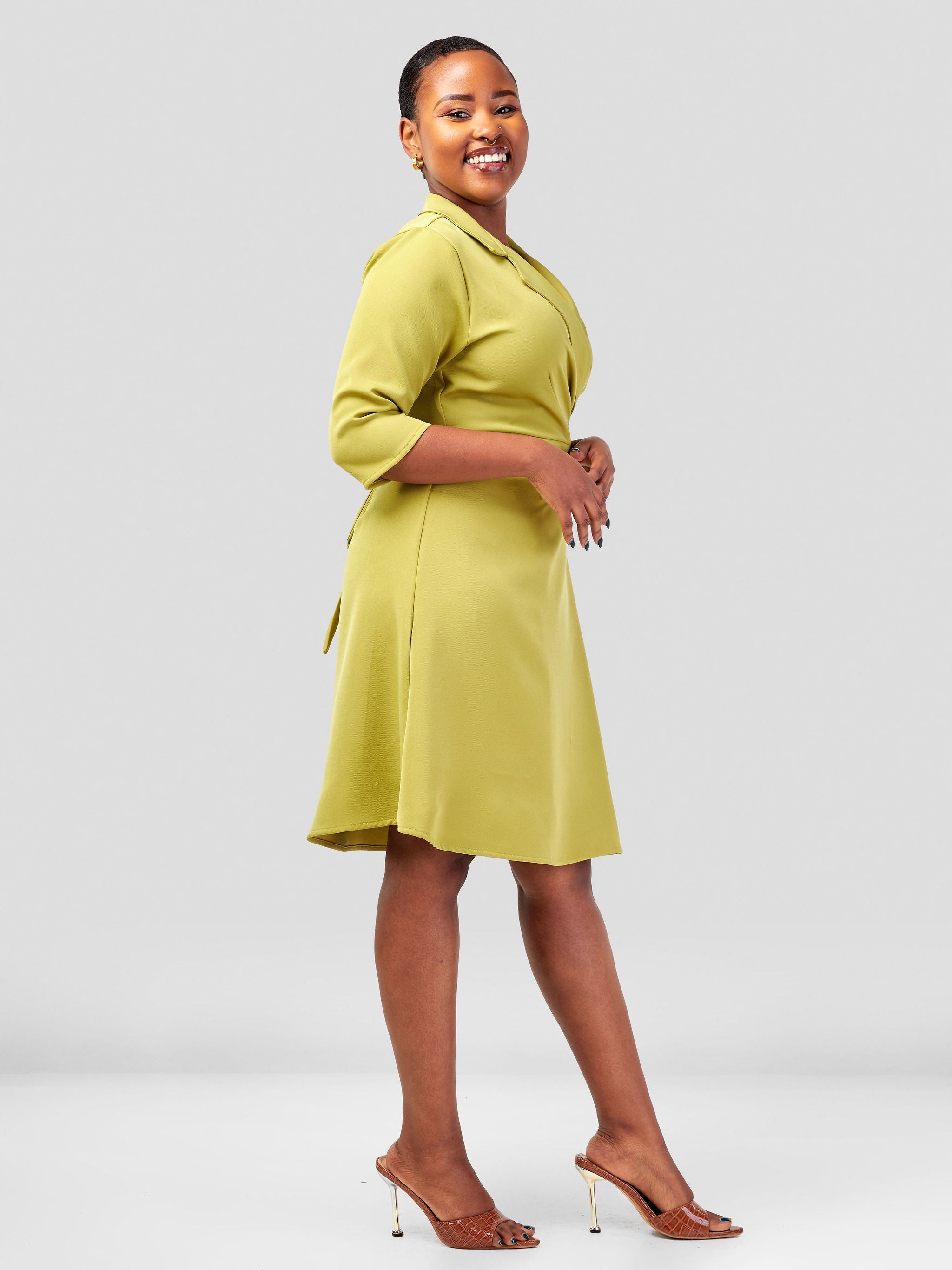 Vivo Taji 3/4 Sleeve Wrap Dress - Olive Green