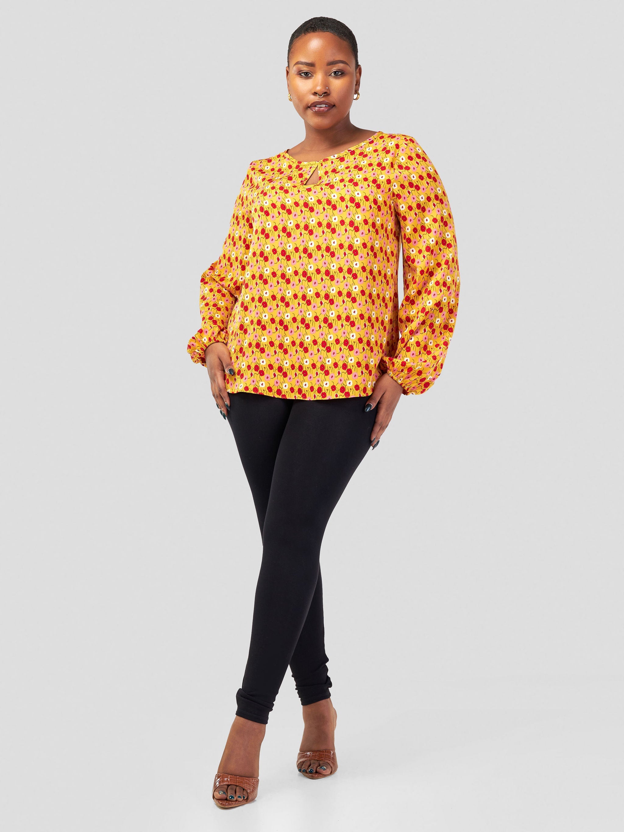 Vivo Sierra Bishop Sleeve Top - Mustard / Red Floral Print