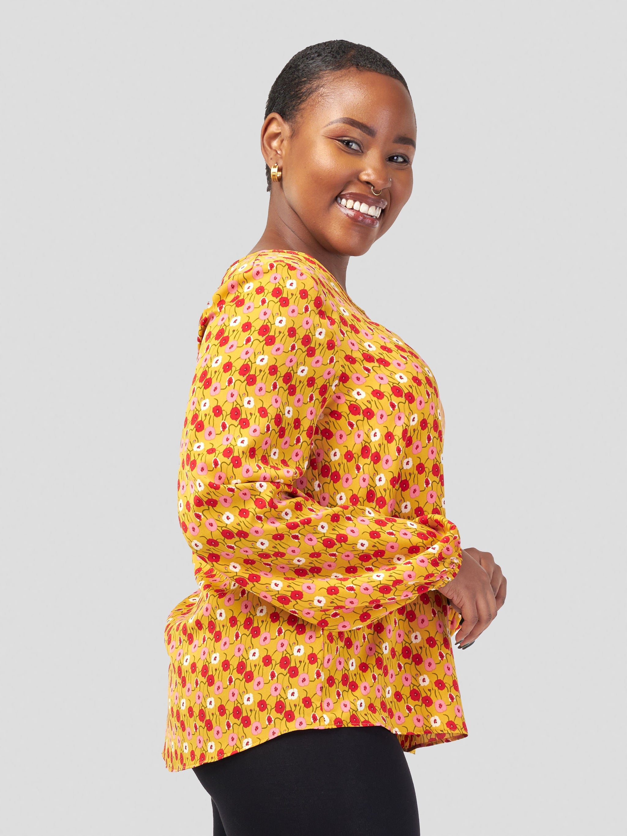 Vivo Sierra Bishop Sleeve Top - Mustard / Red Floral Print