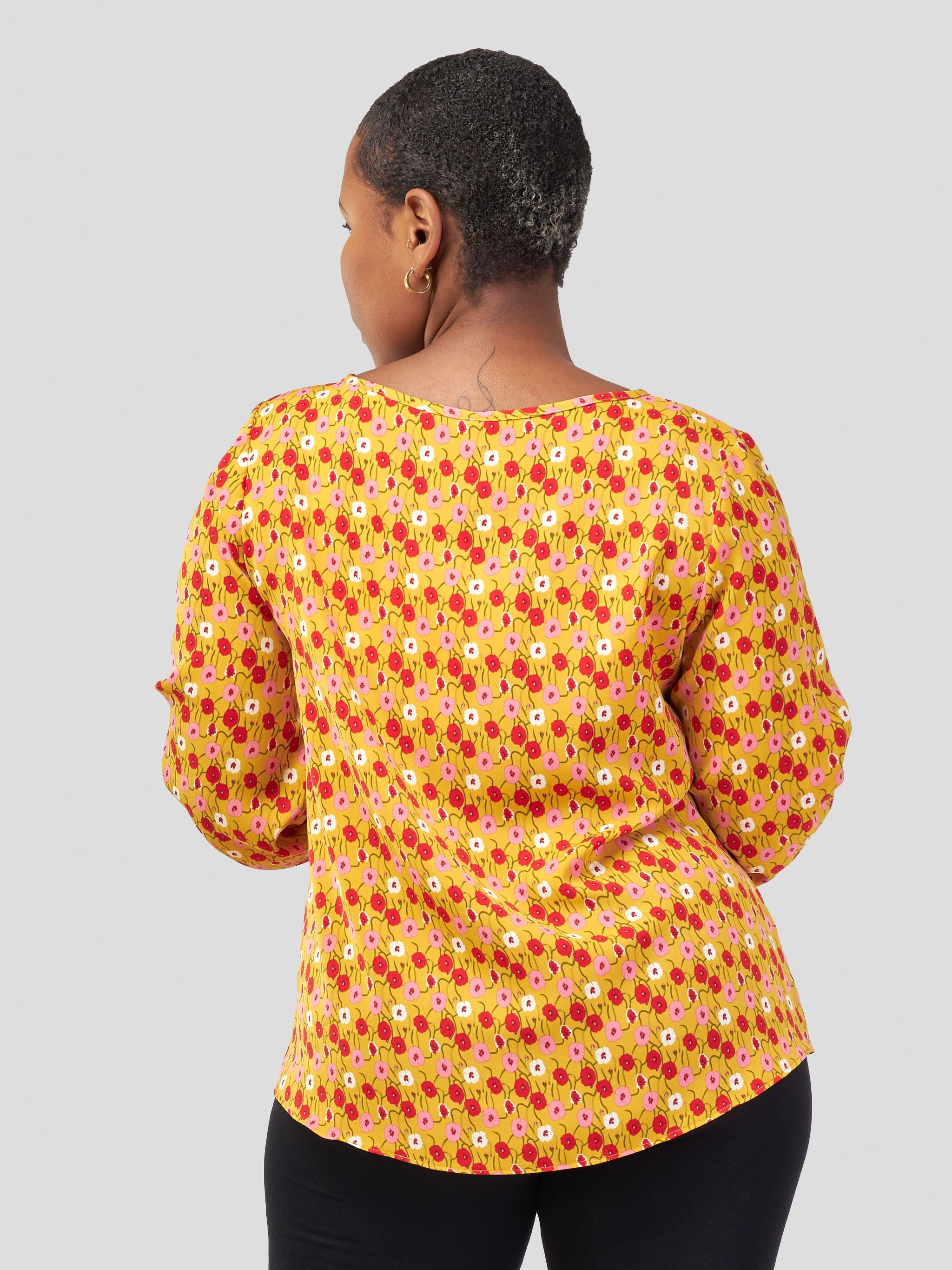 Vivo Sierra Bishop Sleeve Top - Mustard / Red Floral Print