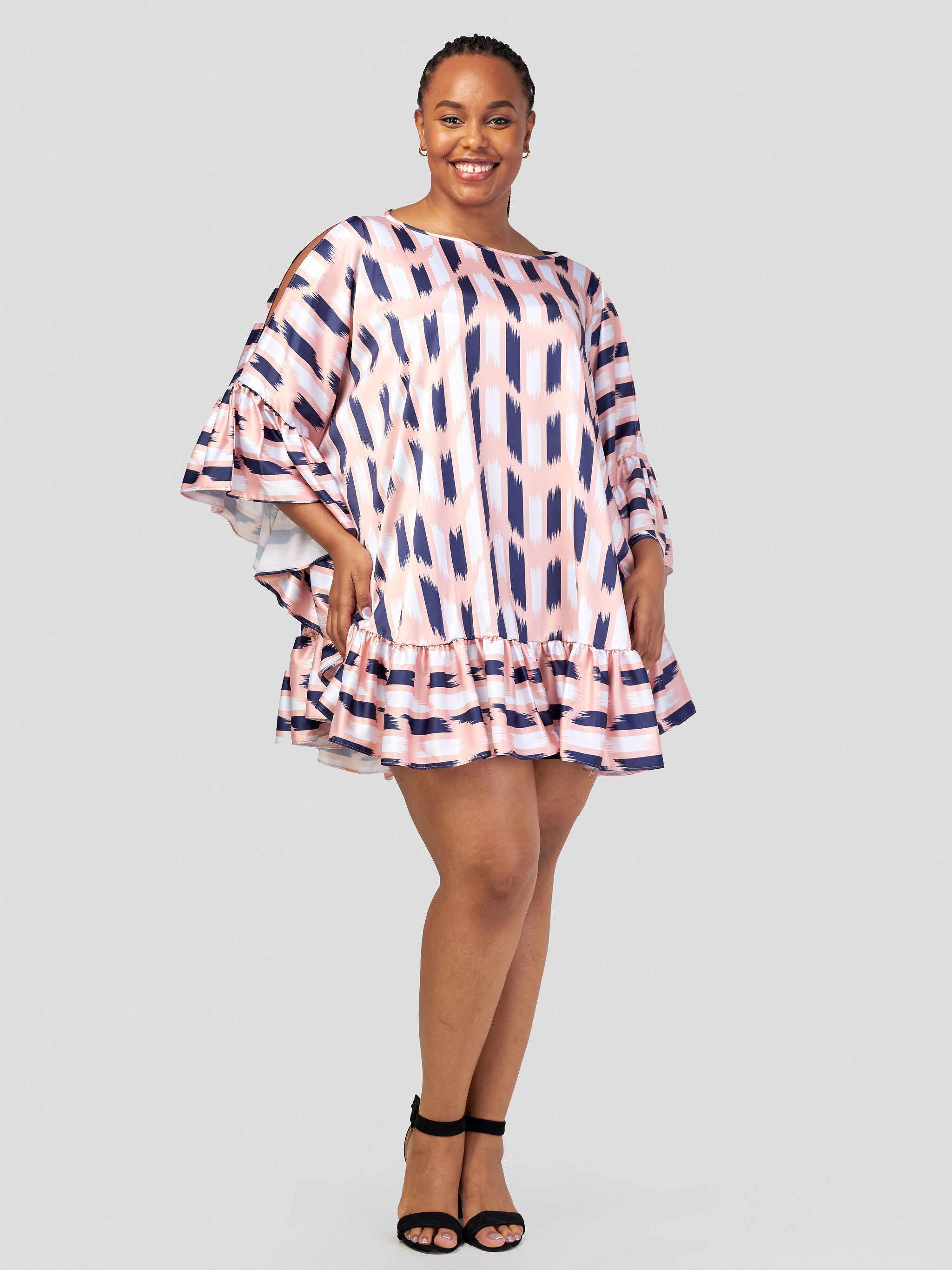 Vivo Malindi Tunic Dress With Frills - Peach / Navy Abstract Print