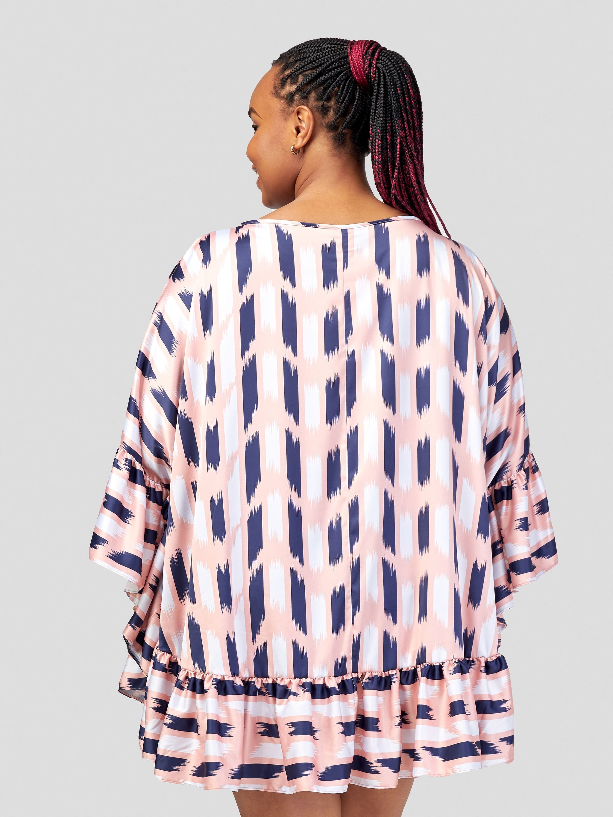 Vivo Malindi Tunic Dress With Frills - Peach / Navy Abstract Print