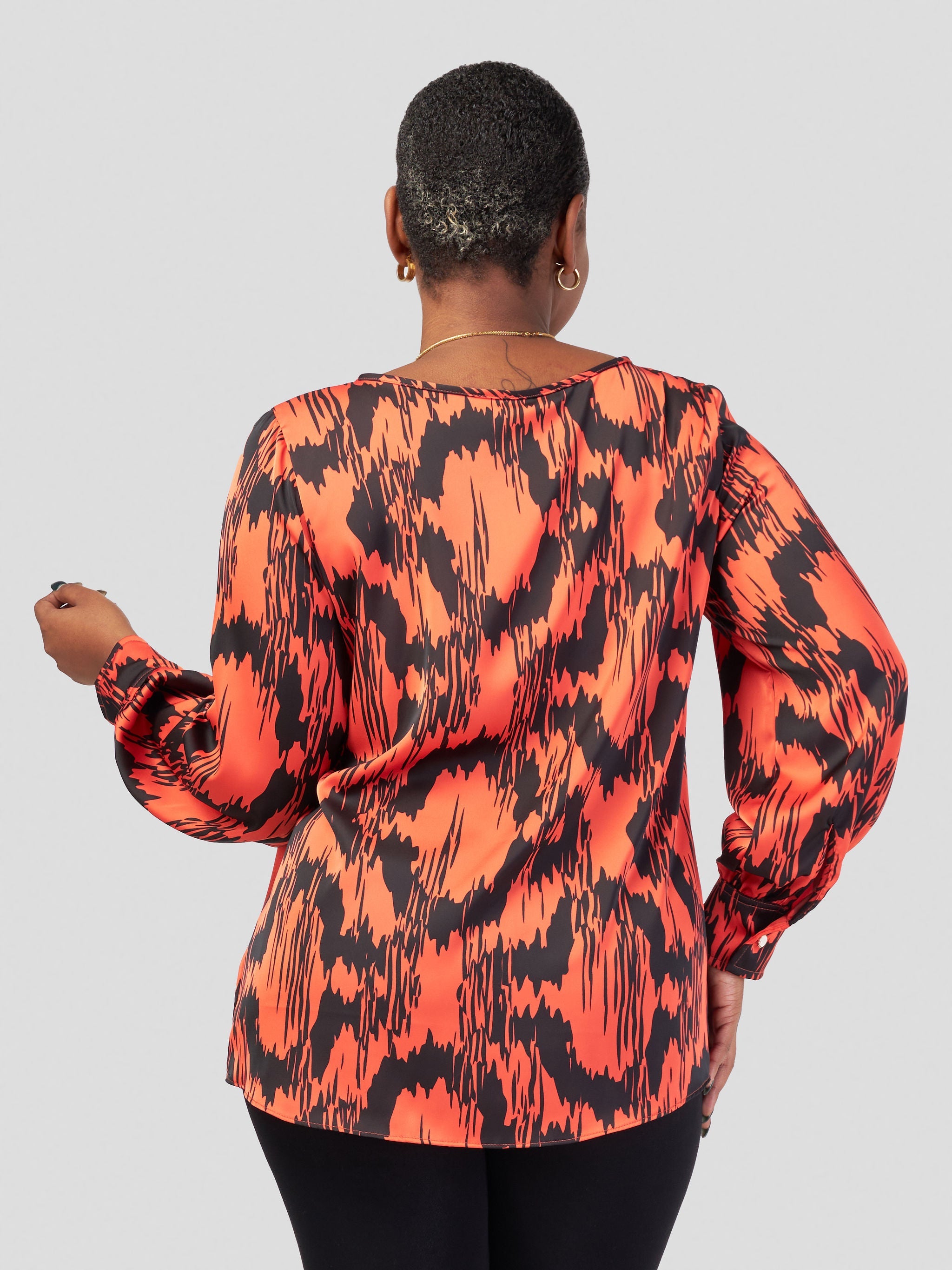 Vivo Tatili Bishop Long Sleeve Top - Red / Black Ikat Abstract Print