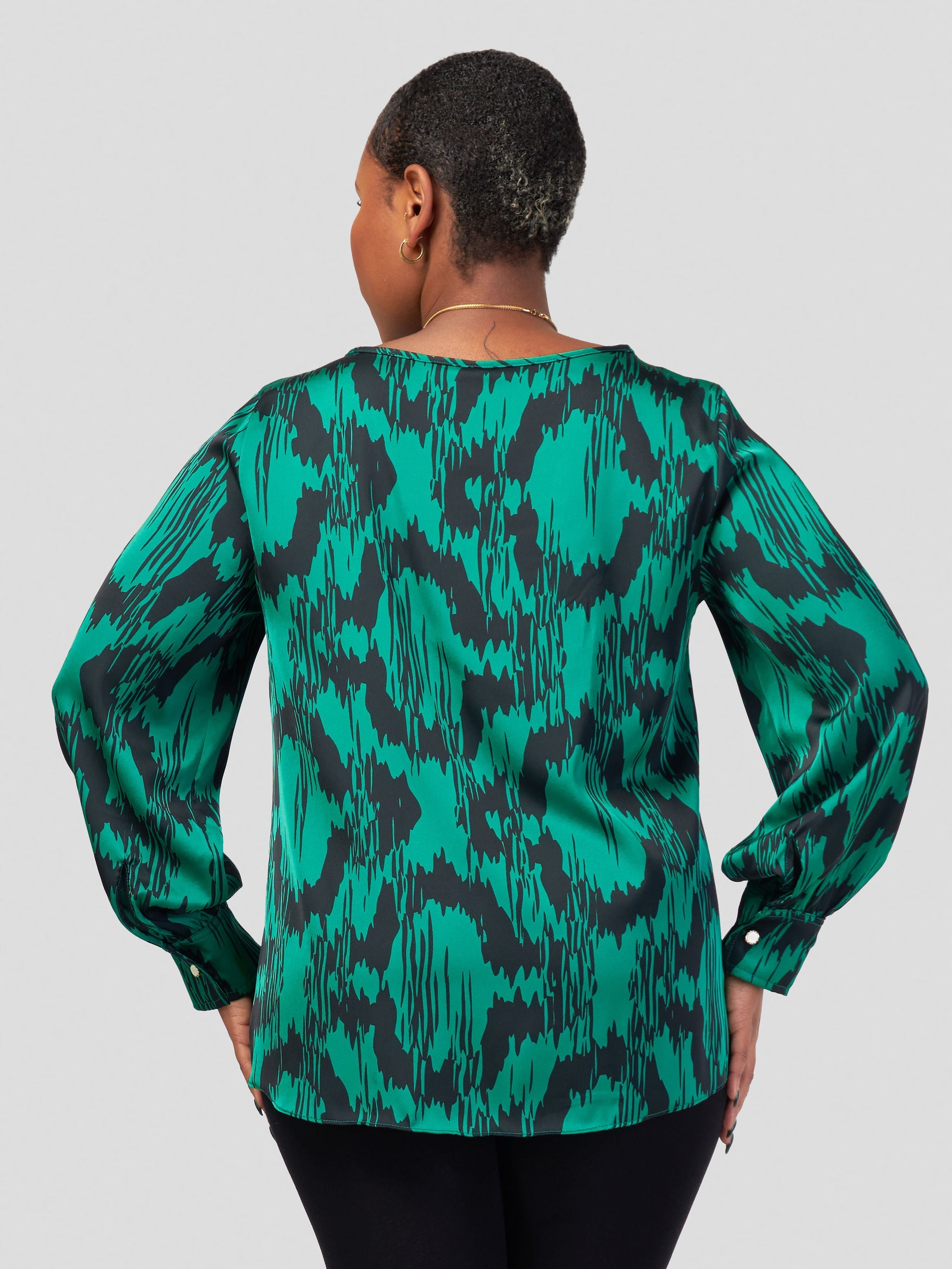 Vivo Tatili Bishop Long Sleeve Top - Green / Black Ikat Abstract Print