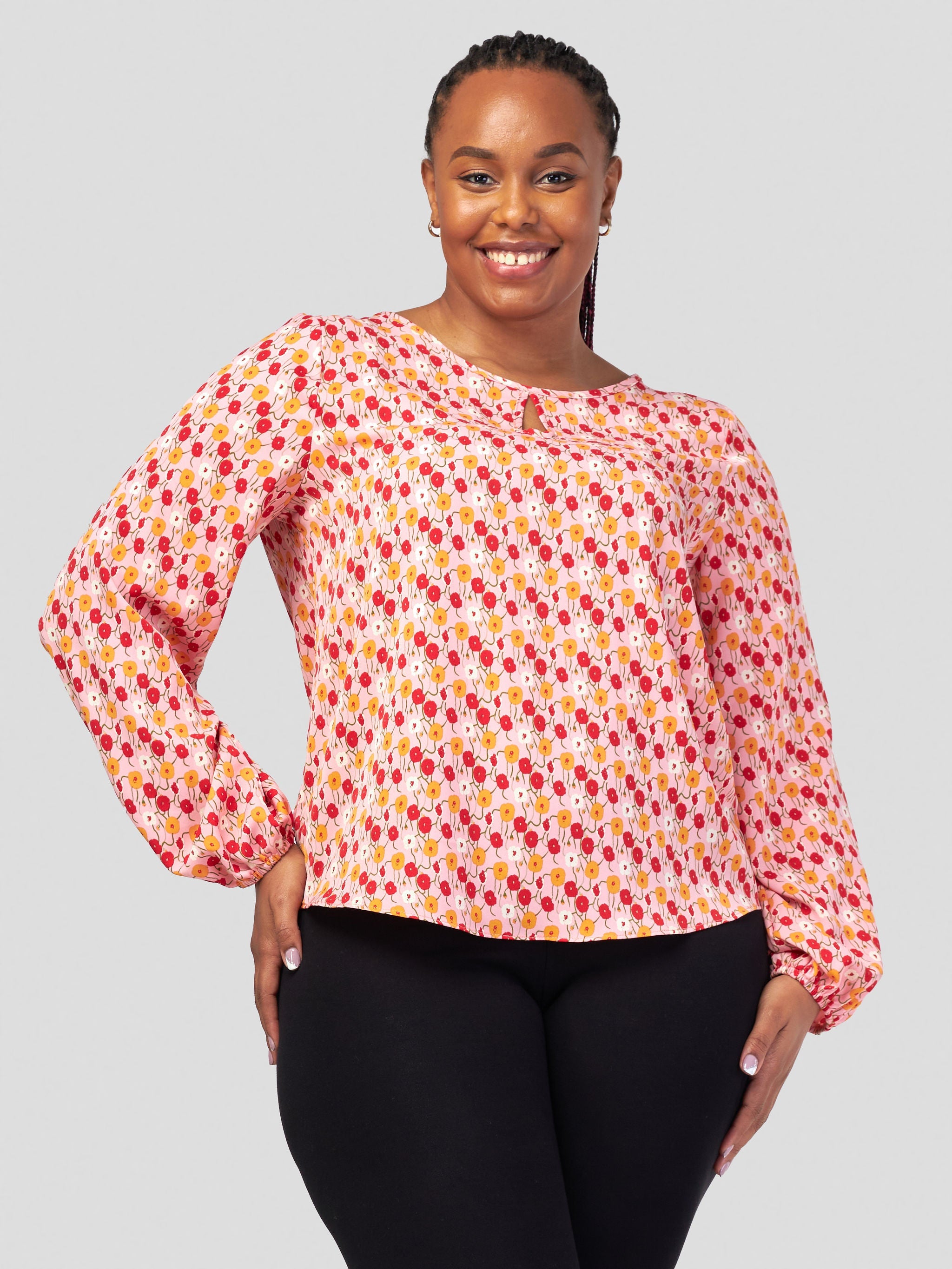 Vivo Sierra Bishop Sleeve Top - Pink / Red Floral Print