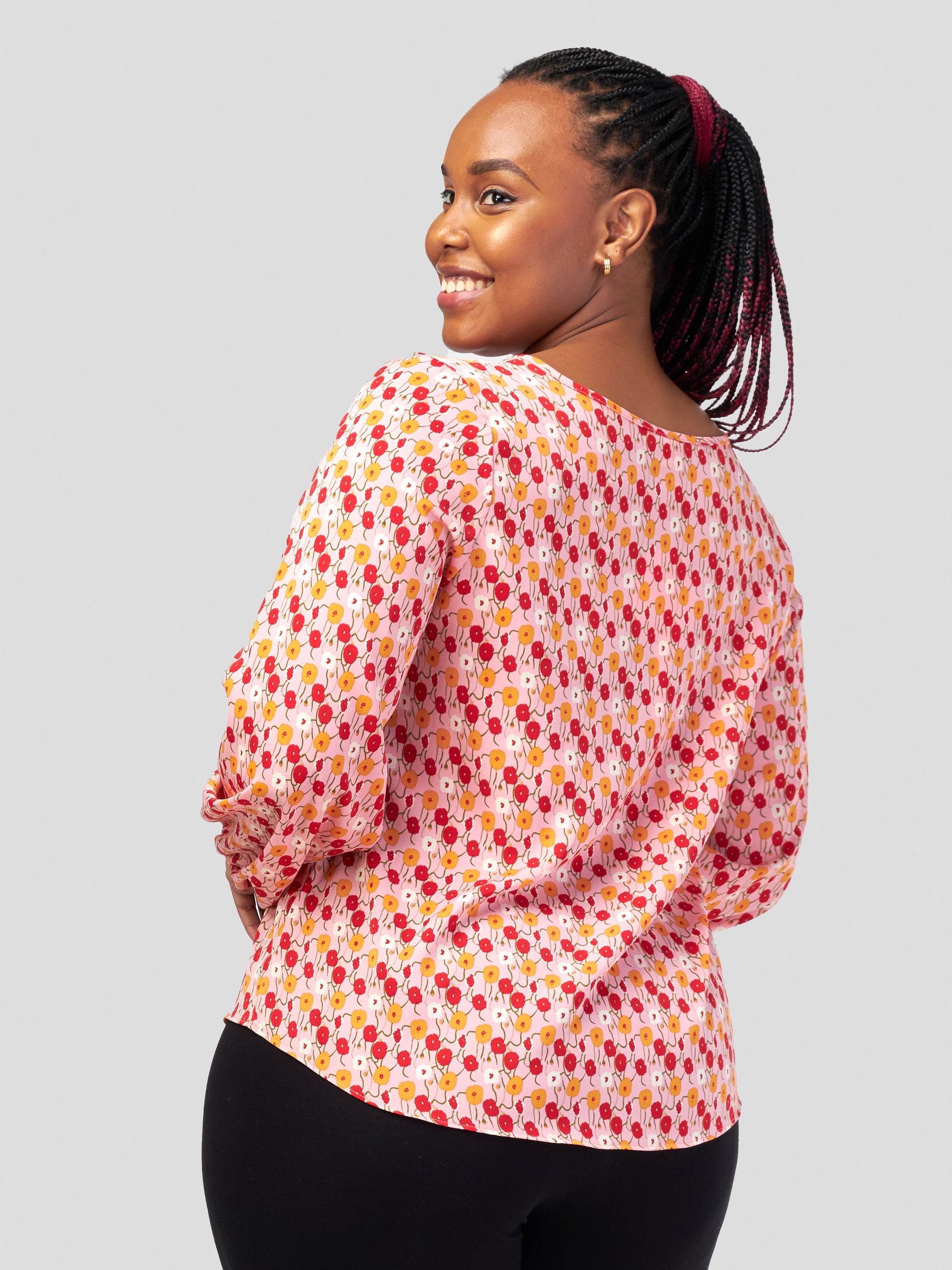 Vivo Sierra Bishop Sleeve Top - Pink / Red Floral Print