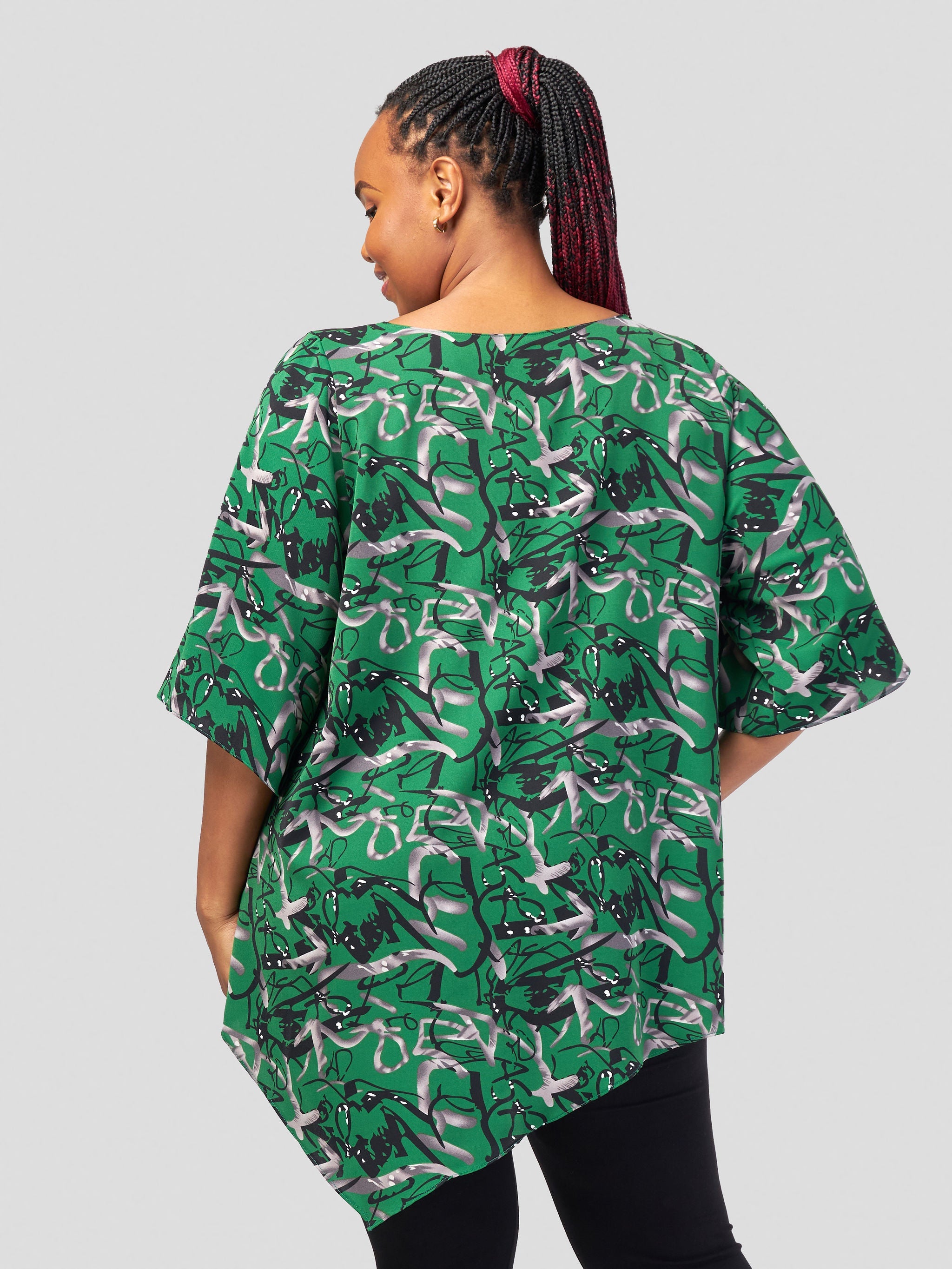 Vivo Sana Asymmetrical Angel Sleeve Top - Green / Grey Abstract Print