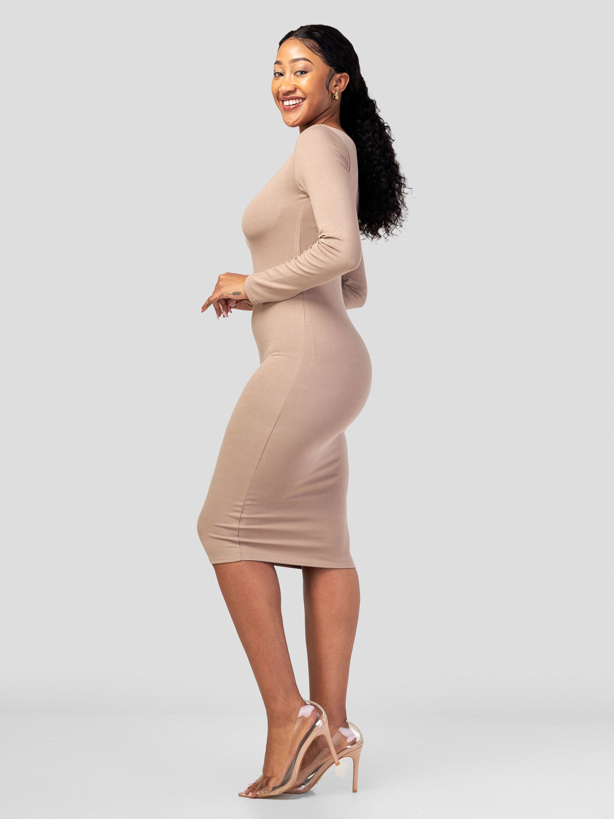 Vivo Long Sleeve Leila Bodycon Dress - Taupe