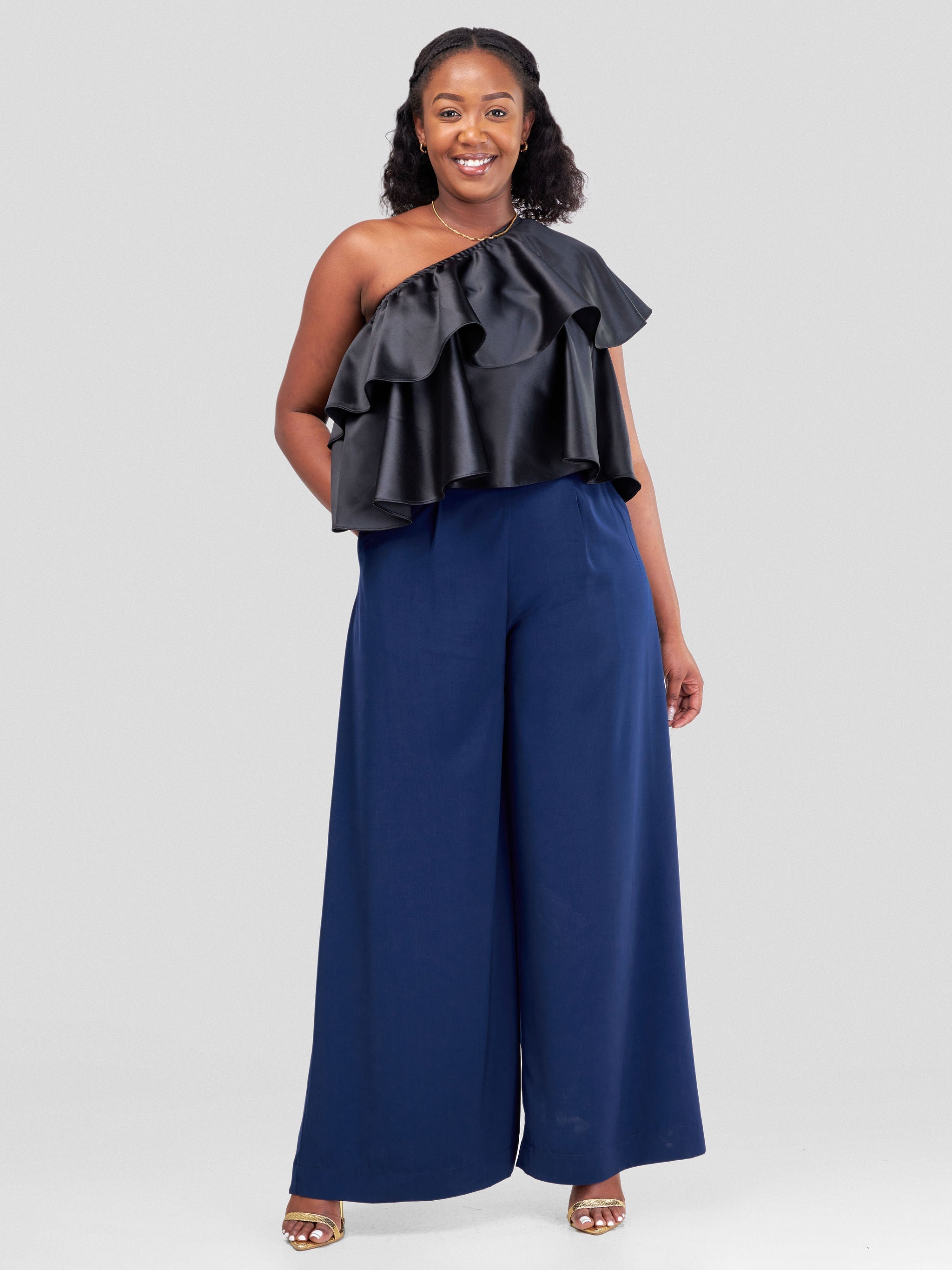 Vivo Naya One Shoulder Flounce Satin Crop Top - Black