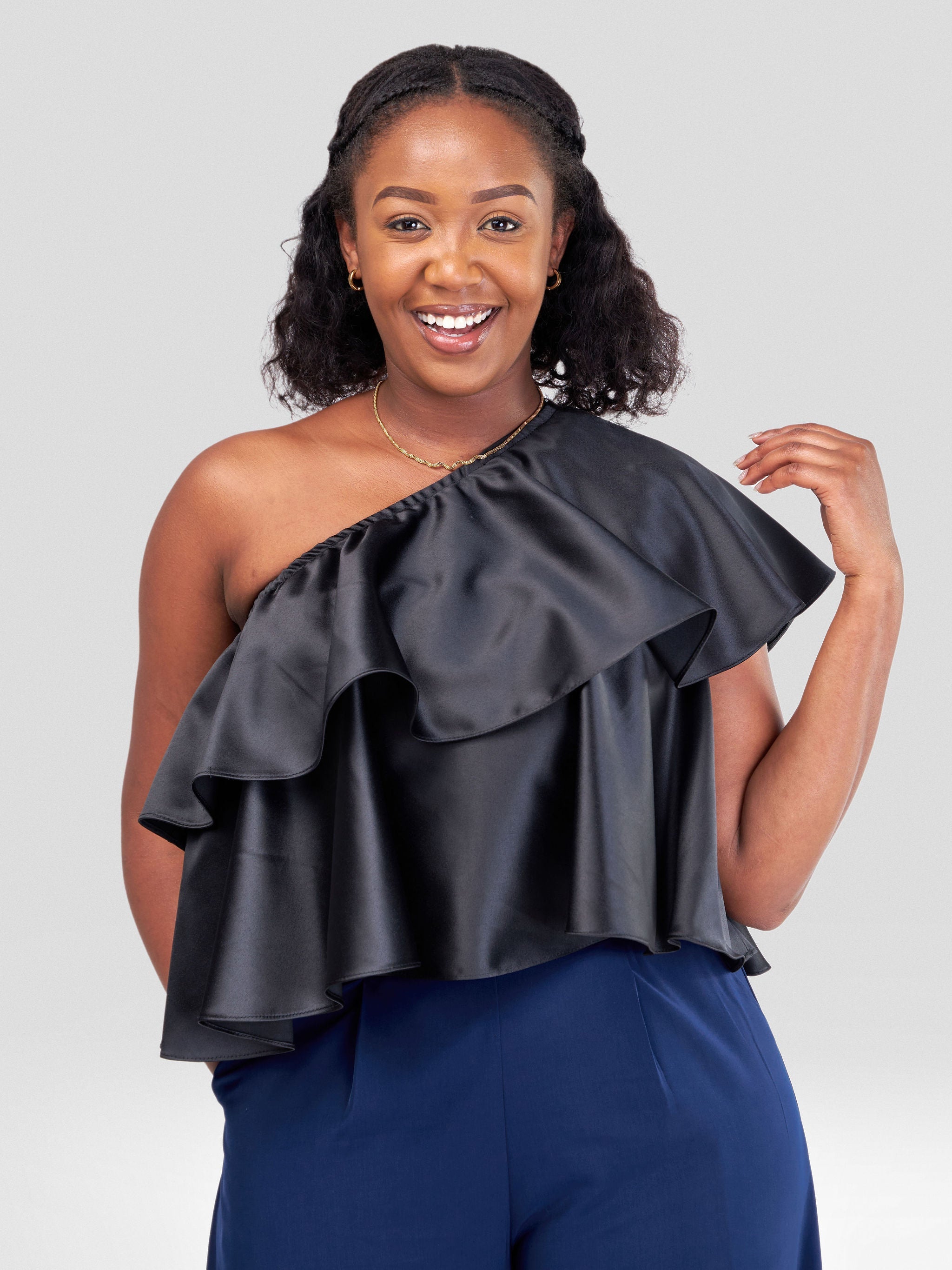 Vivo Naya One Shoulder Flounce Satin Crop Top - Black