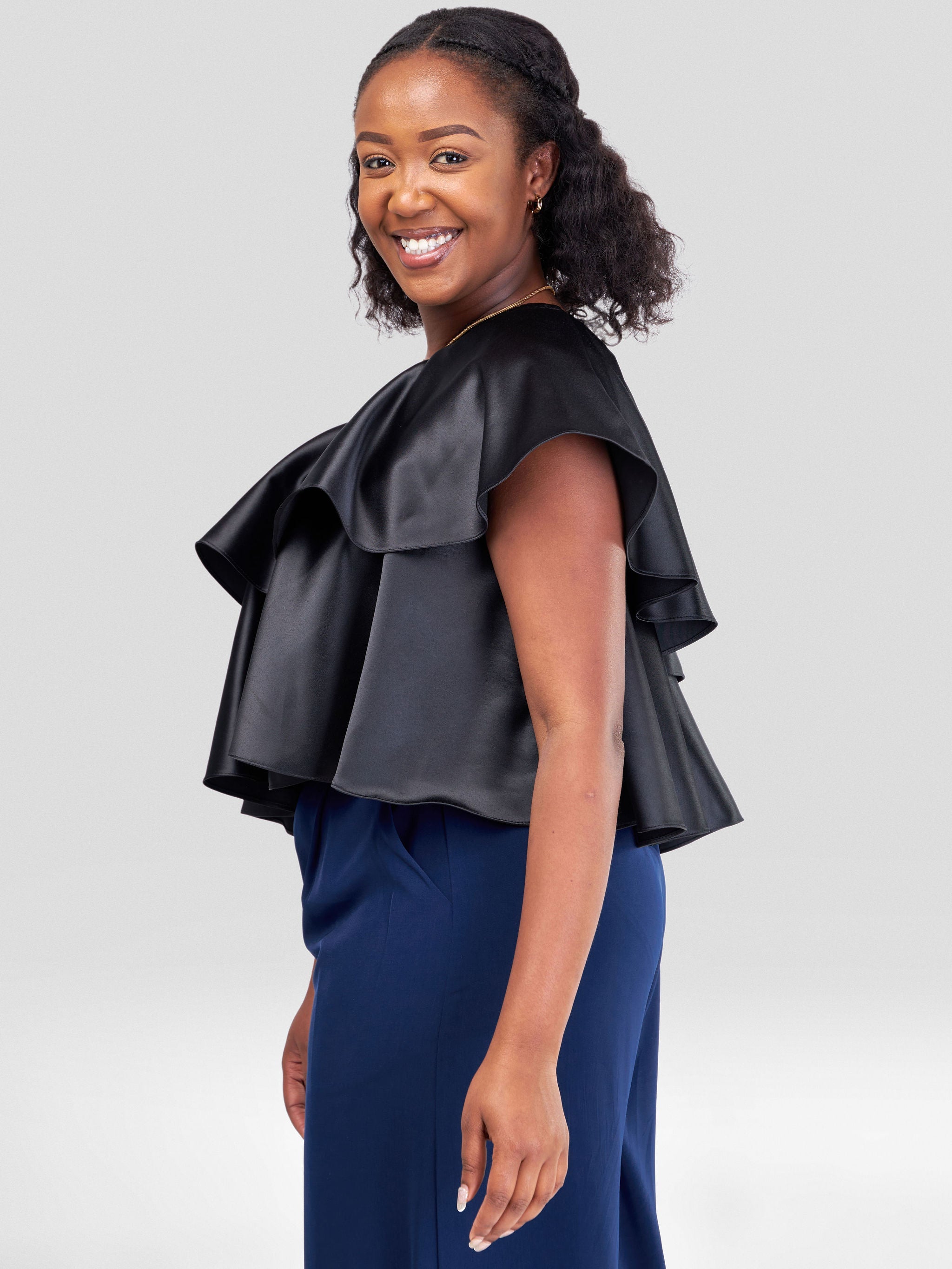 Vivo Naya One Shoulder Flounce Satin Crop Top - Black