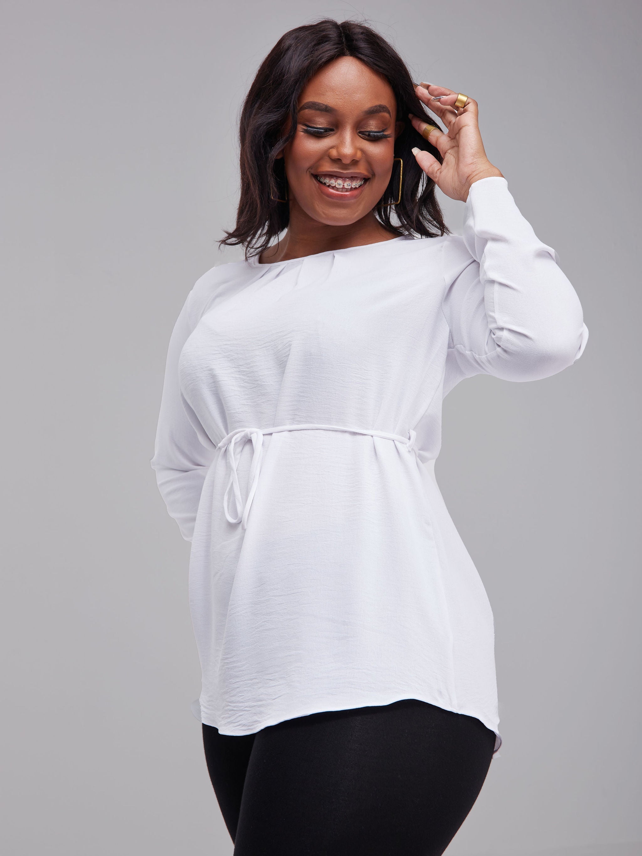 Vivo Tunu Long Sleeve Front Pleat Top - White