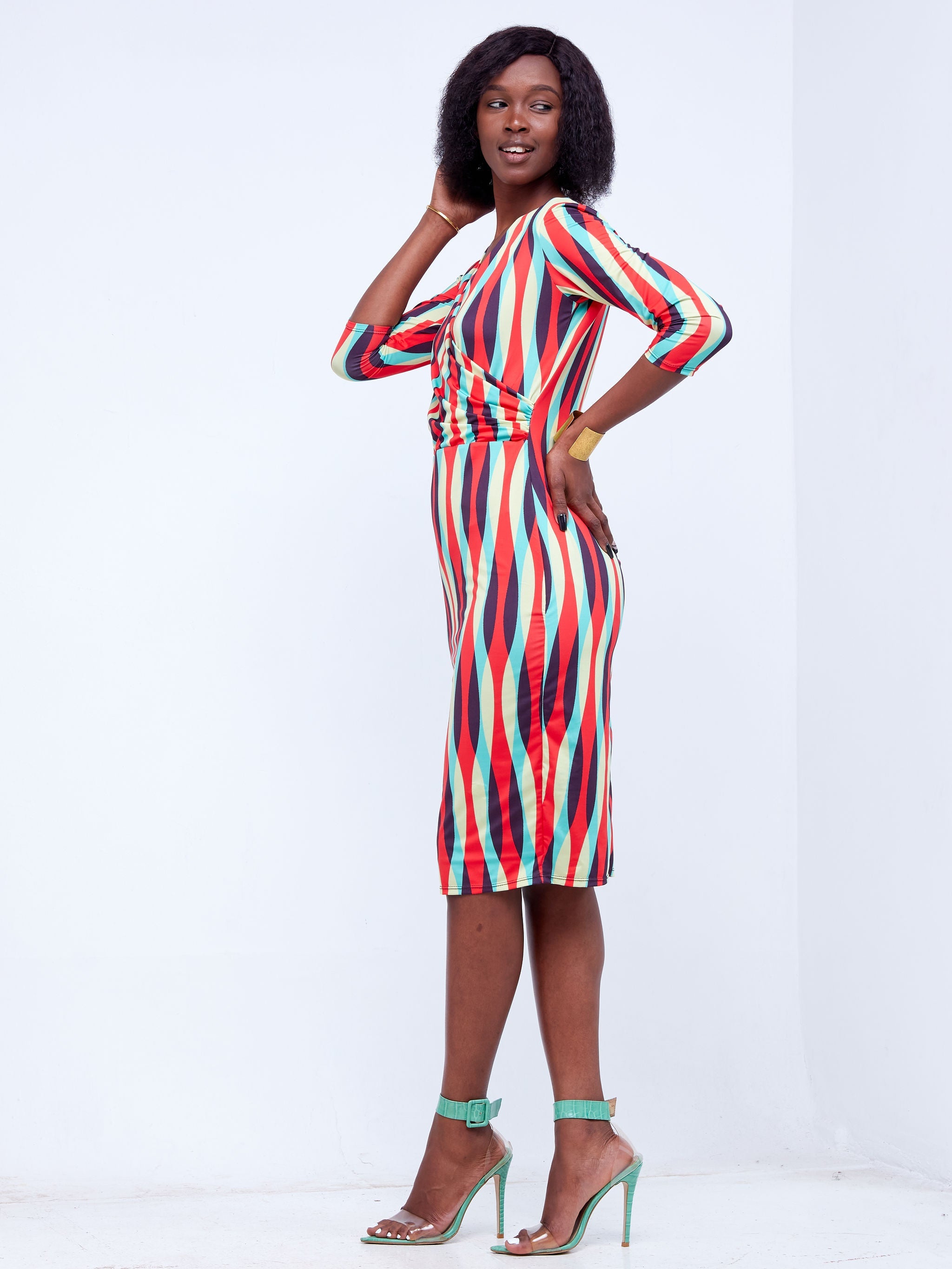 Vivo  Imali Faux Wrap Dress - Red / Yellow Abstract Print