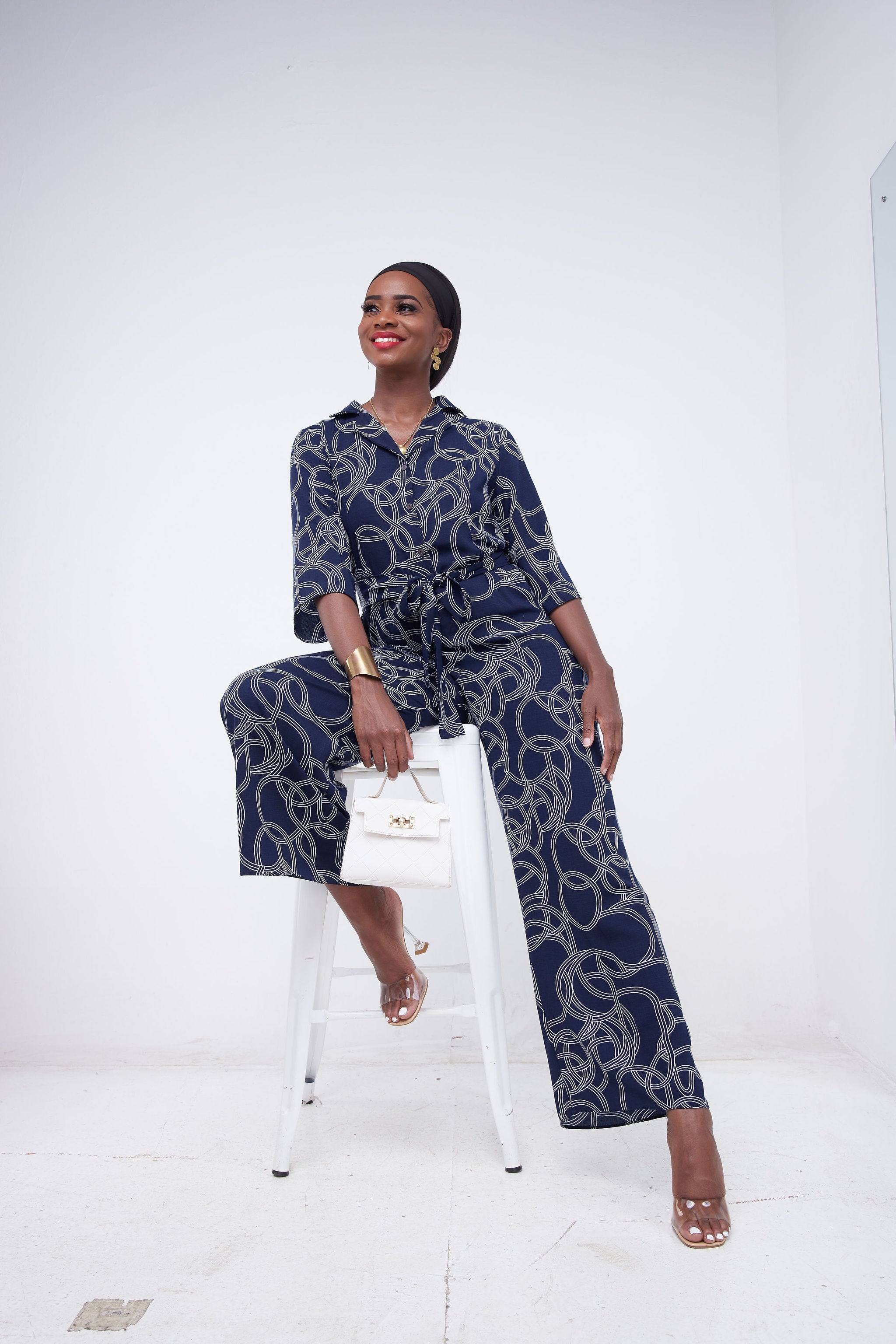 Vivo Pesi Lapel Jumpsuit - Navy Blue / White Geometric Print