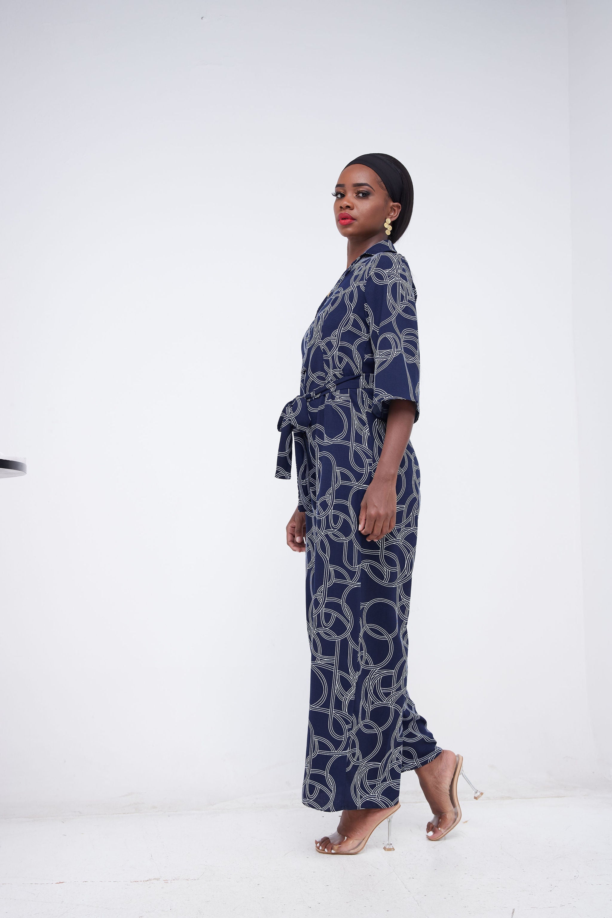 Vivo Pesi Lapel Jumpsuit - Navy Blue / White Geometric Print